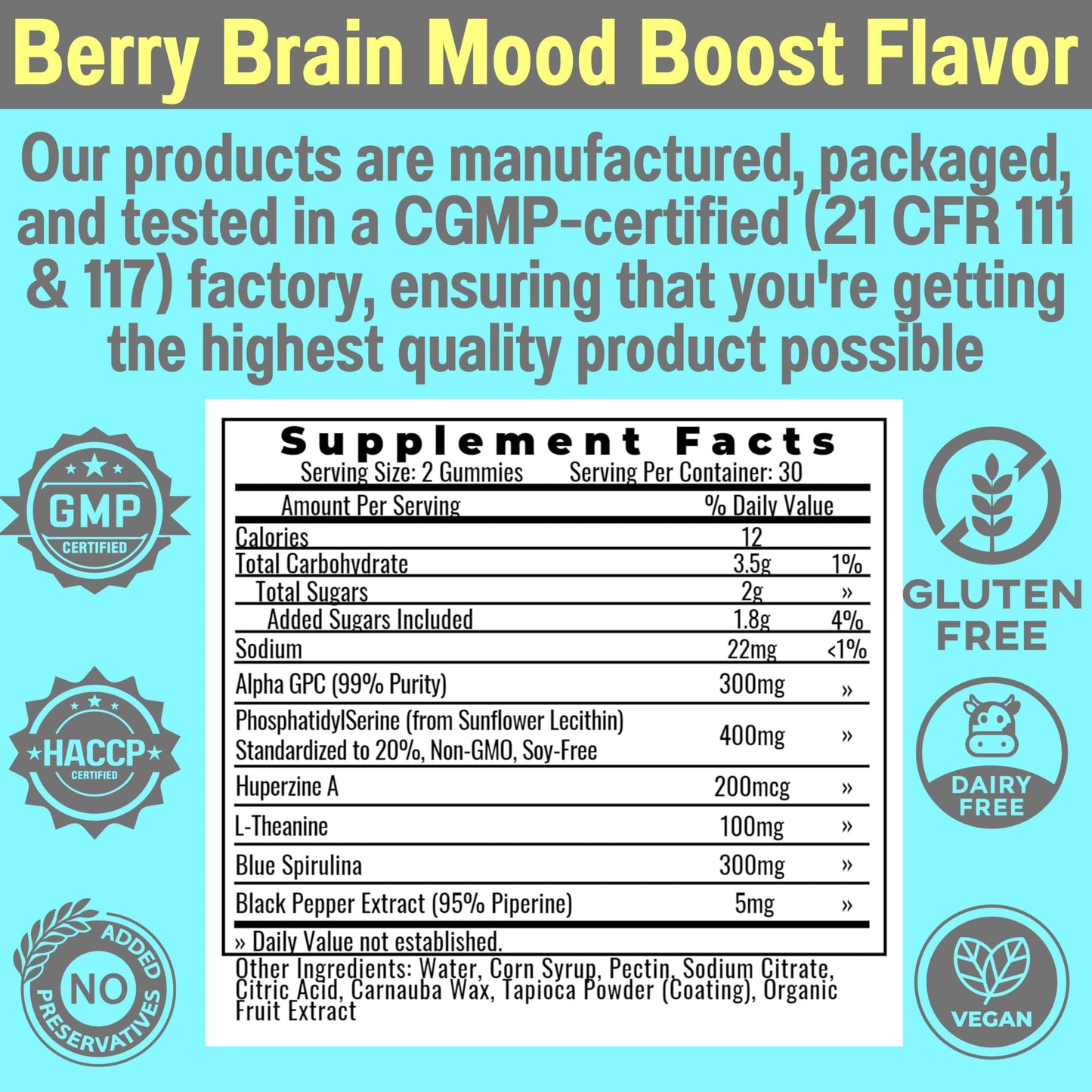 SHIZAM Alpha GPC Huperzine A Phosphatidylserine L-Theanine Blue Spirulina Bioperine Gummies, 60 Count
