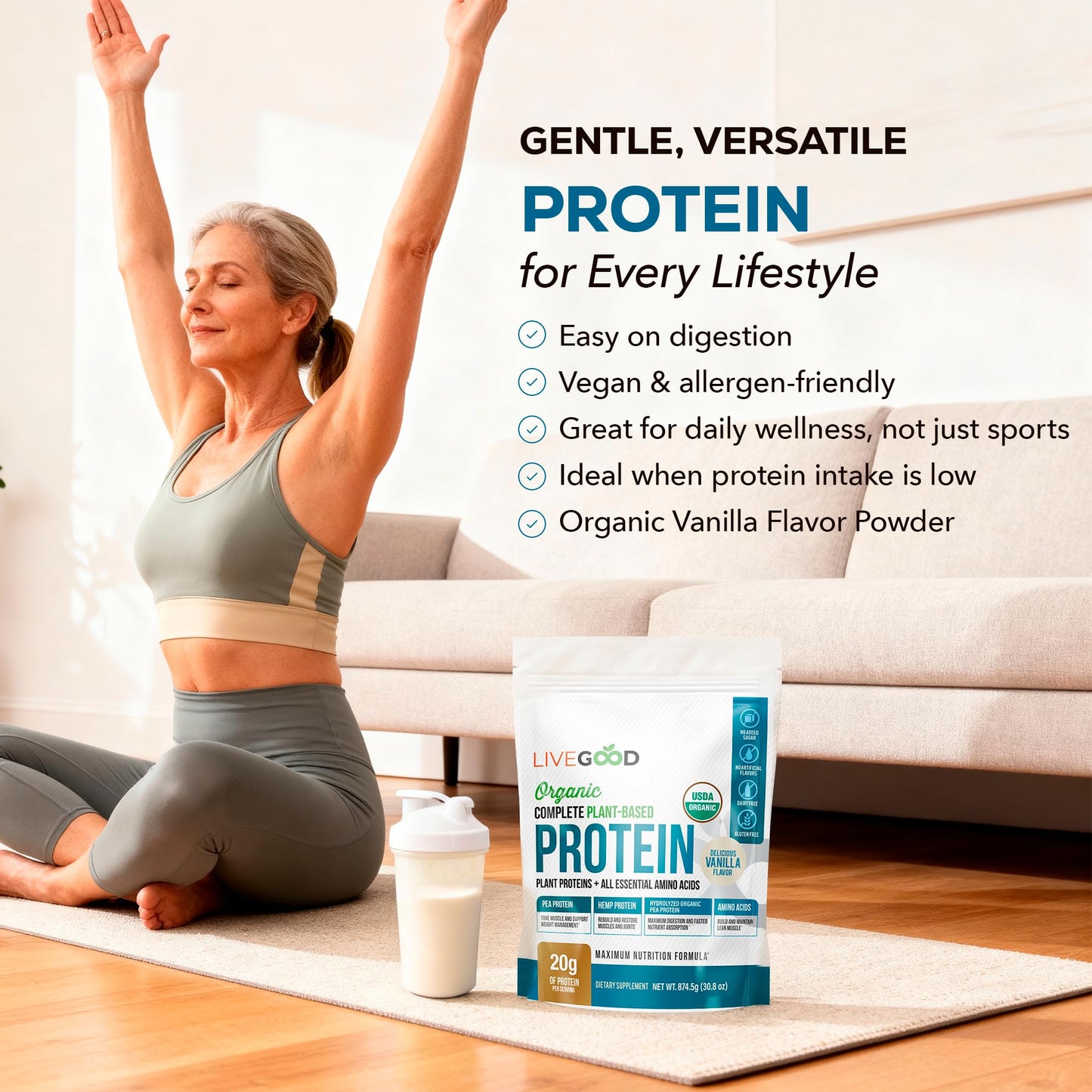 LIVEGOOD Complete Plant Based Protein Powder with Organic Pea Protein and Essential Amino Acids, Vanilla, 30 Servings
