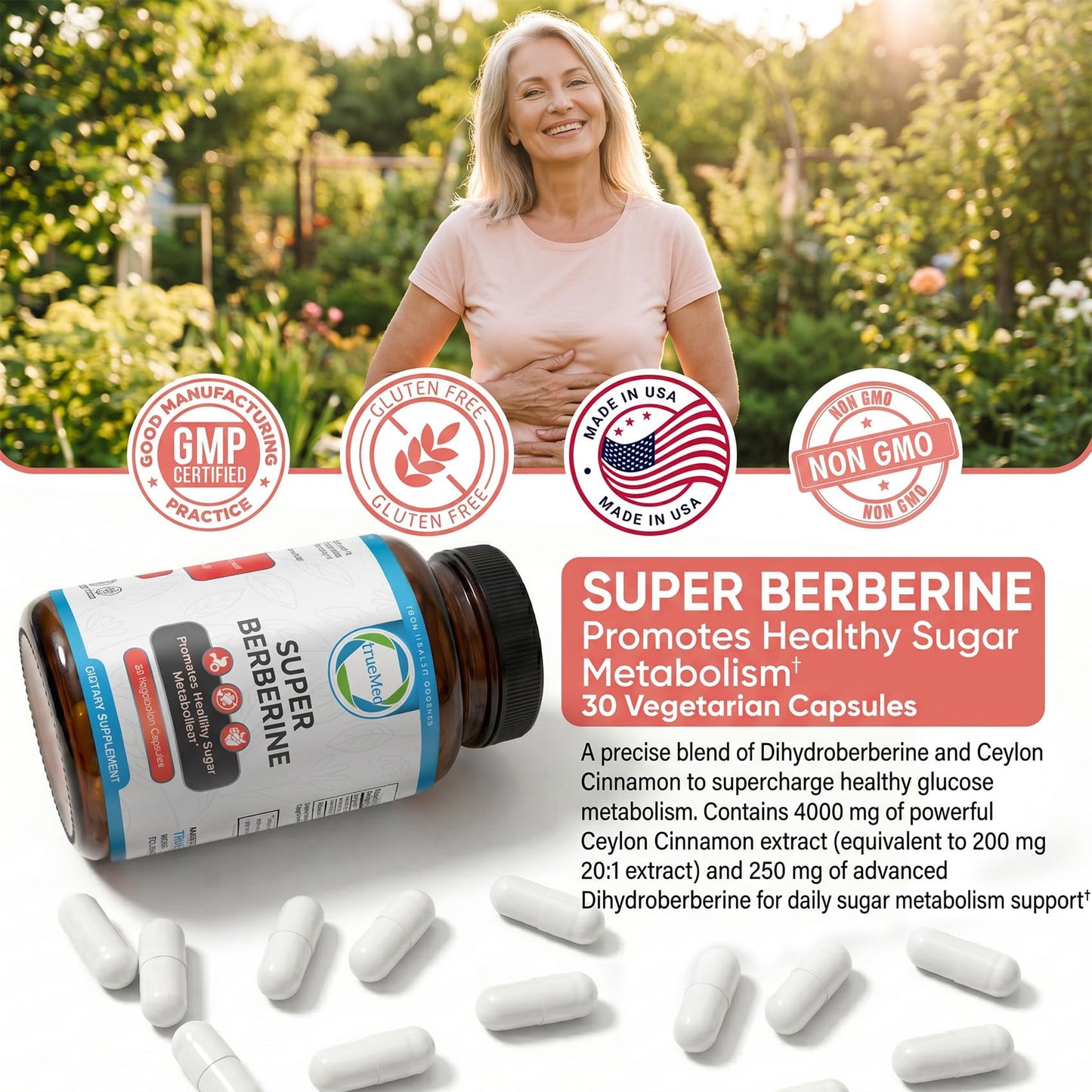 TRUEMED Super Berberine 250mg & Ceylon Cinnamon 4000mg Capsule, 30 Count