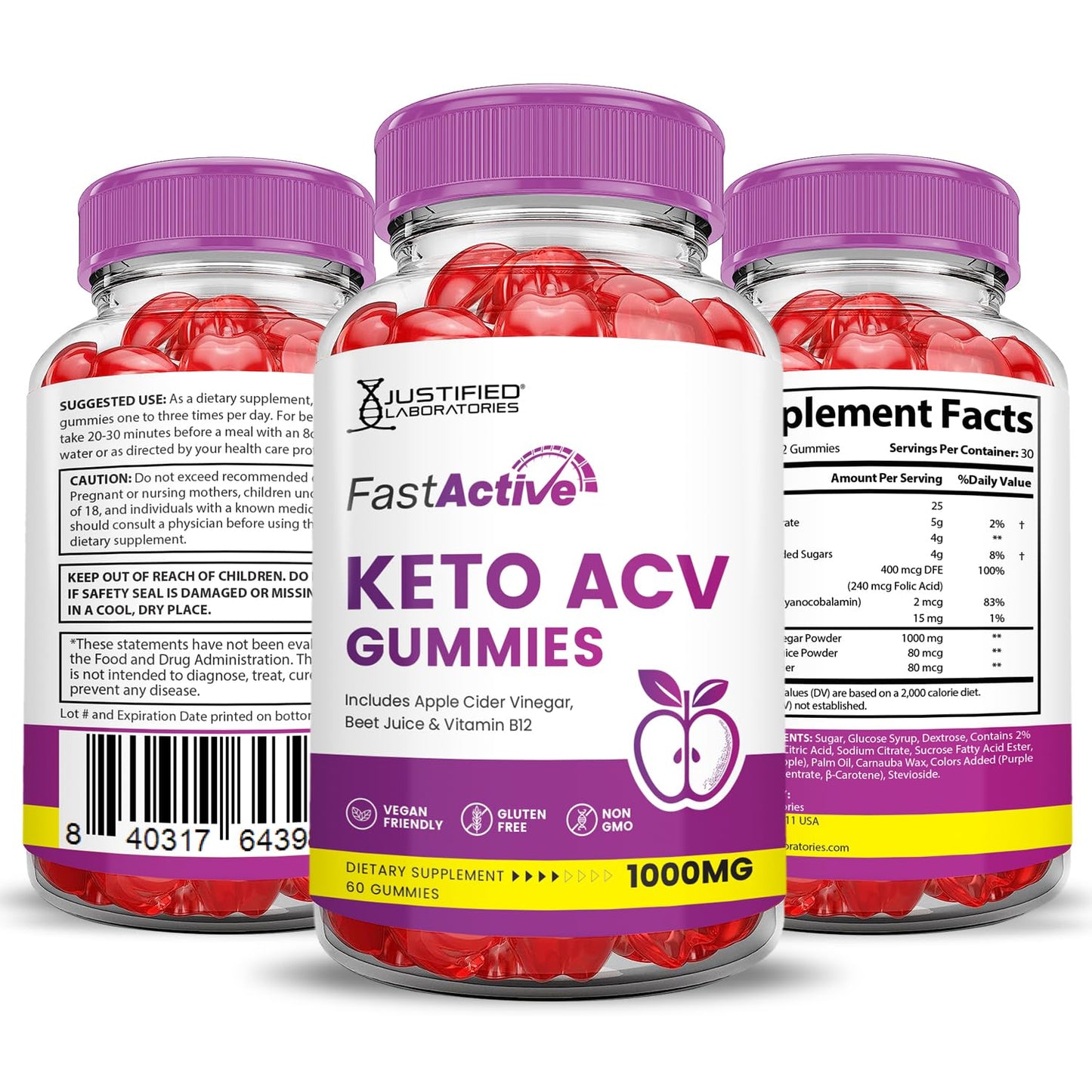 Justified Laboratories Fast Active Keto ACV Gummies Advanced Formula 1000mg Apple Cider Vinegar, 120 Gummies