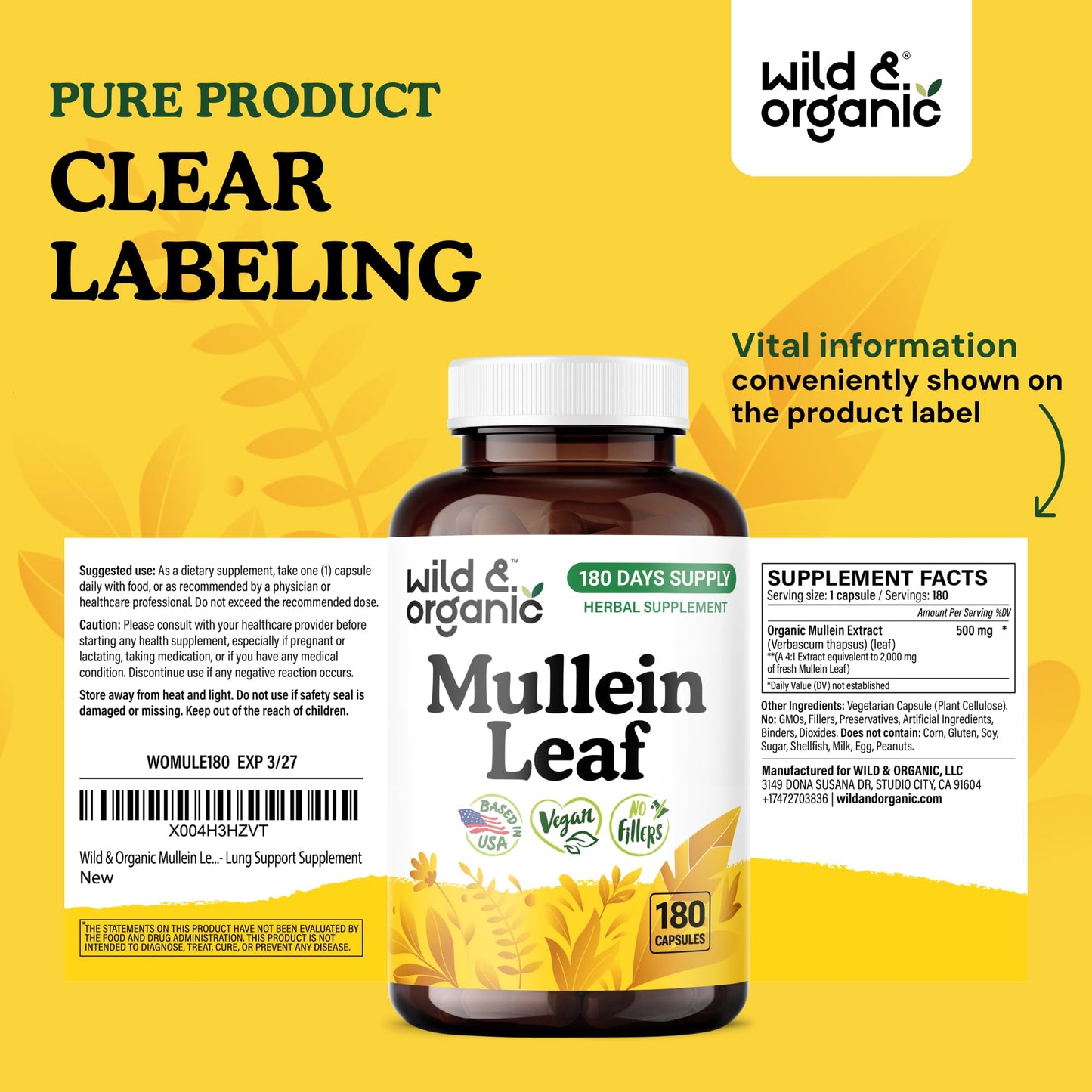 Wild & Organic Mullein Capsules 180 Count