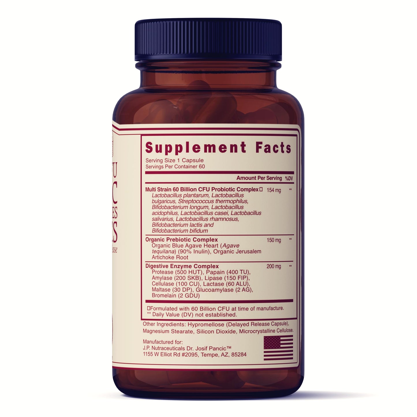 J.P. Nutraceuticals Dr. Josif Pancic, Probiotic and Prebiotic Supplement, 60 Billion CFU, Digestive Enzymes, Acid Protection, Delayed Release, 60 Capsules, 60 Day Supply