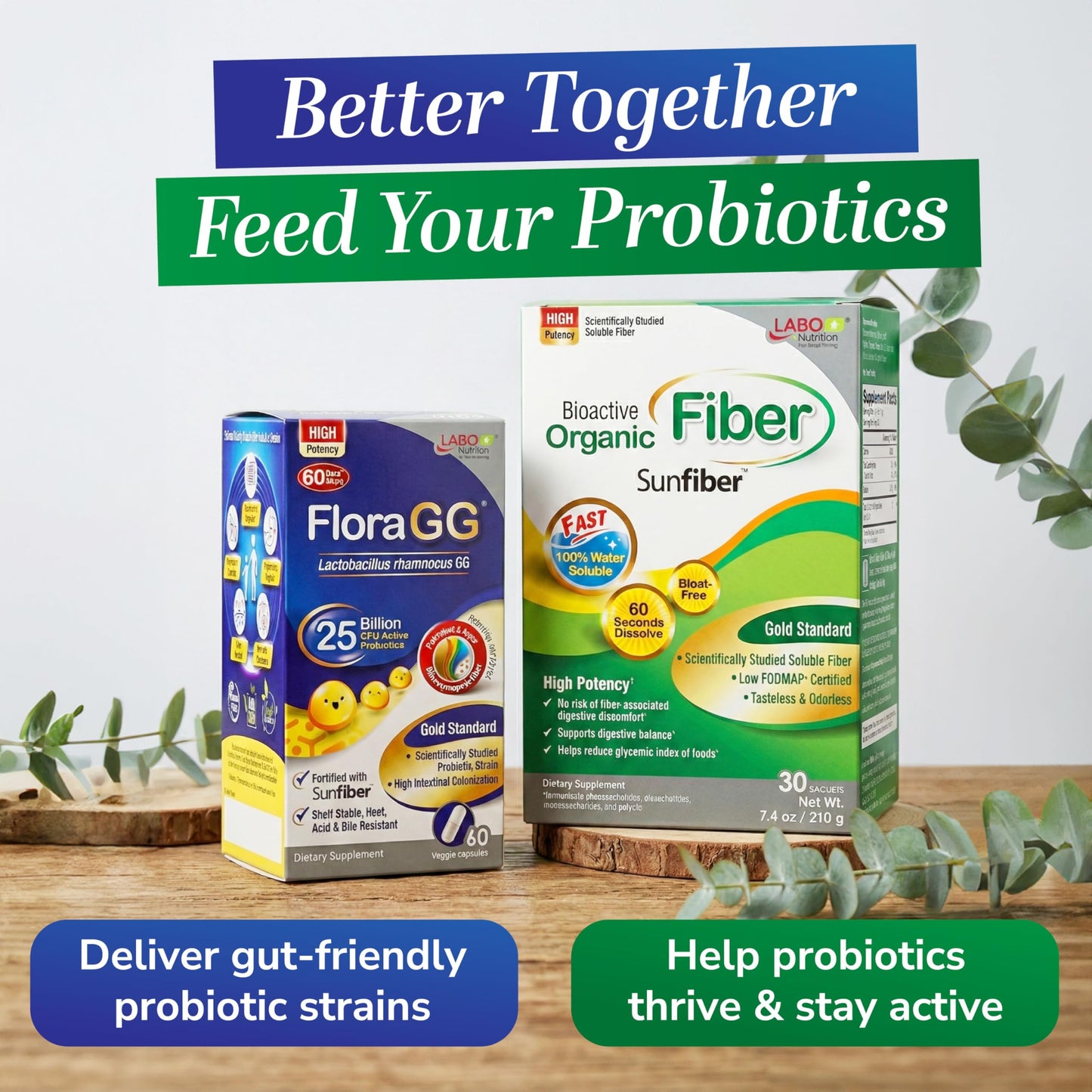 LABO Nutrition FloraGG Lactobacillus Rhamnosus LGG 25 Billion CFU Daily (LGG Probiotic with Sunfiber) 5-Layer Microencapsulated L. Rhamnosus Supplement Capsules 120
