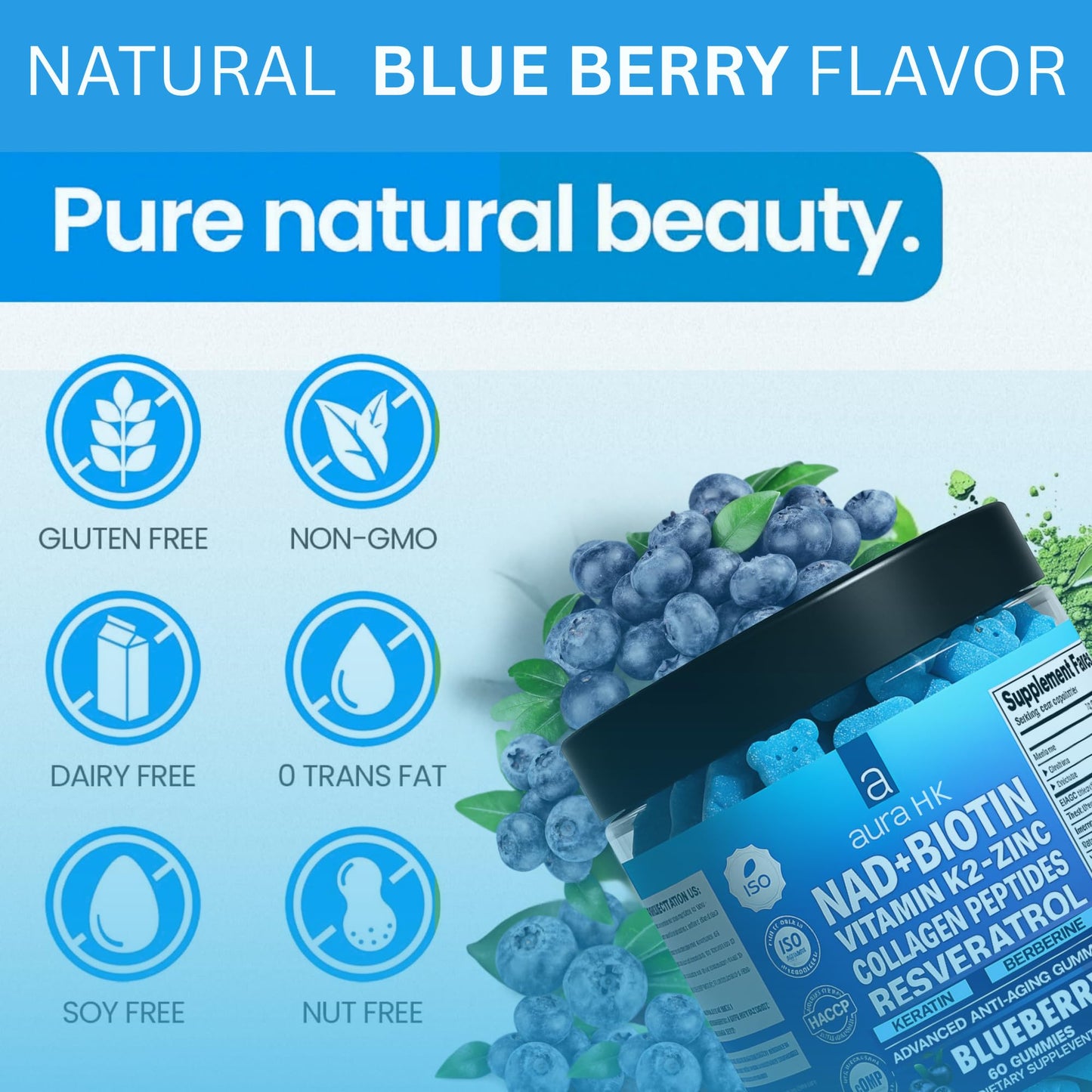 Aura HK NAD+ Biotin, Resveratrol, Berberine & Anti-Aging Gummies, Hair, Skin, Nails & Joint Support, Collagen Peptides, Keratin, Zinc, Vitamin K2 & D3, Regeneration (Blueberry), 120 Gummies