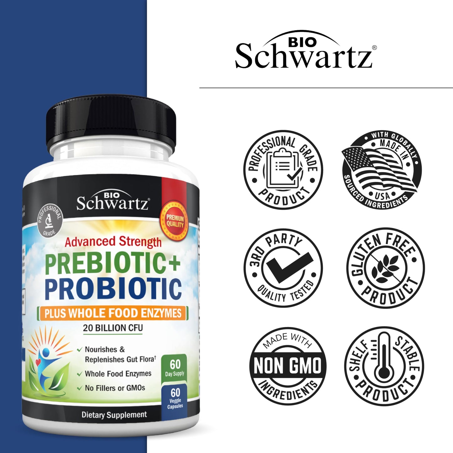 BioSchwartz Advanced Prebiotics and Probiotics for Women & Men, Immune, Digestive & Gut Health with L. Reuteri, Inulin Fiber, Digestive Enzymes, Non-GMO, Gluten-Free, Dairy-Free, 60 Capsules