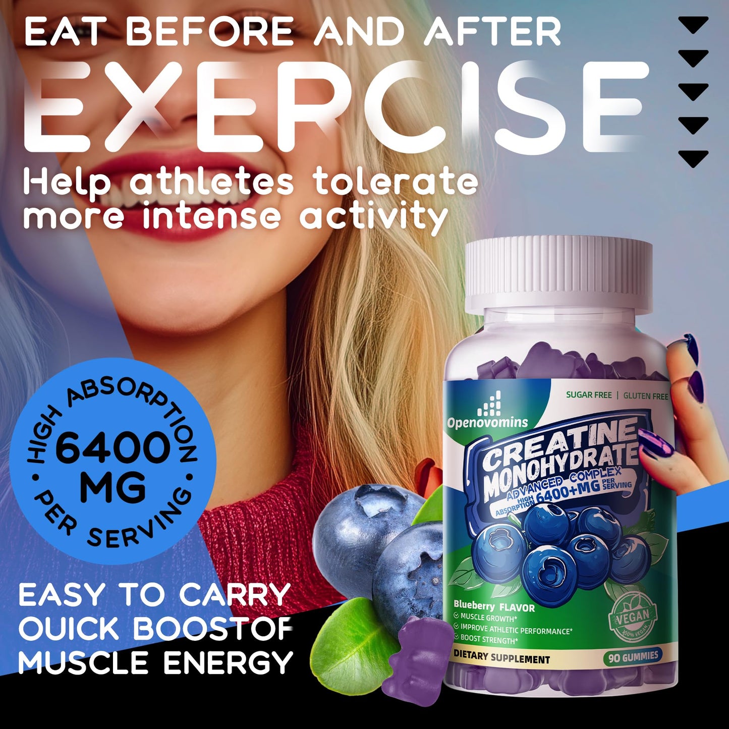 Openovomins Creatine Monohydrate Complex for Men & Women - Advanced Formula W/L-Taurine + Vitamin B12, Sugar Free Chewable Supplement, Gummies, 90 Count