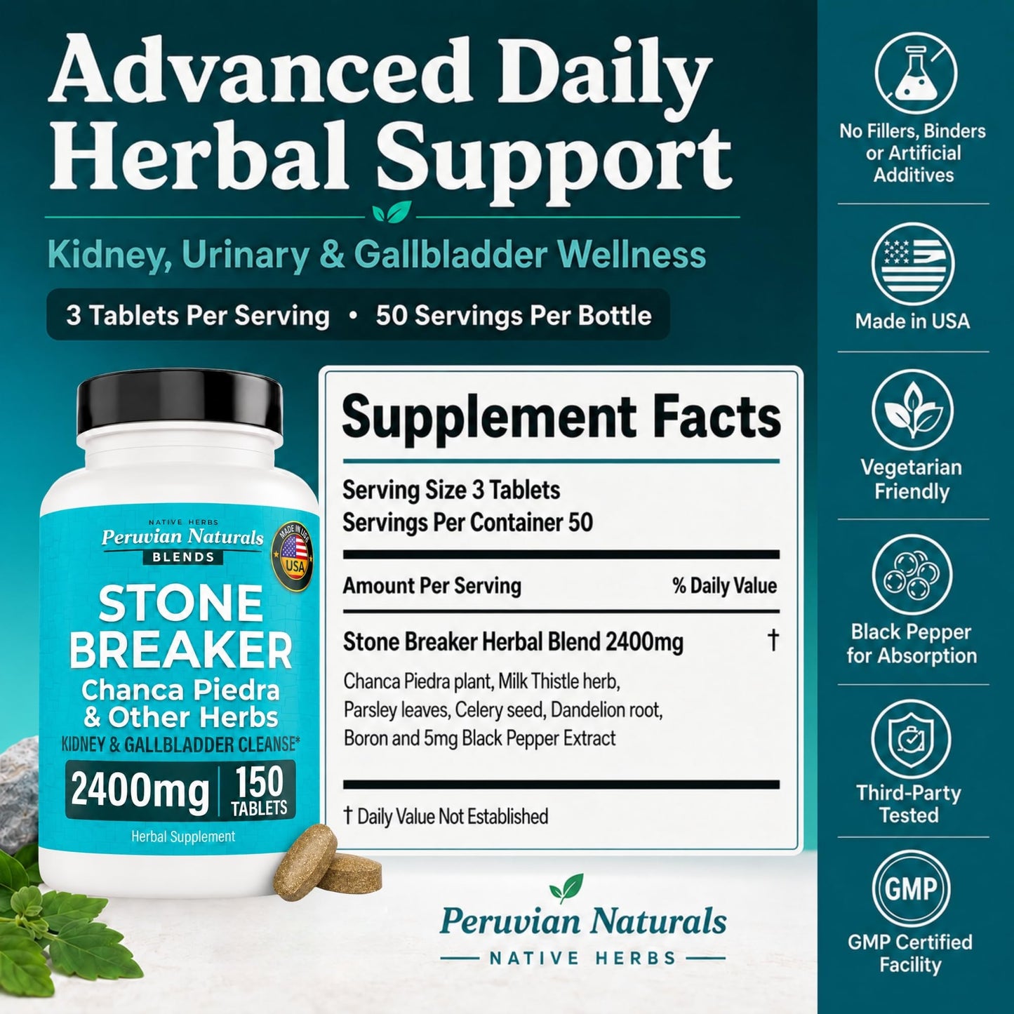 Peruvian Naturals Chanca Piedra Stone Breaker Kidney Supplement 2400mg per Serving Tablet 150