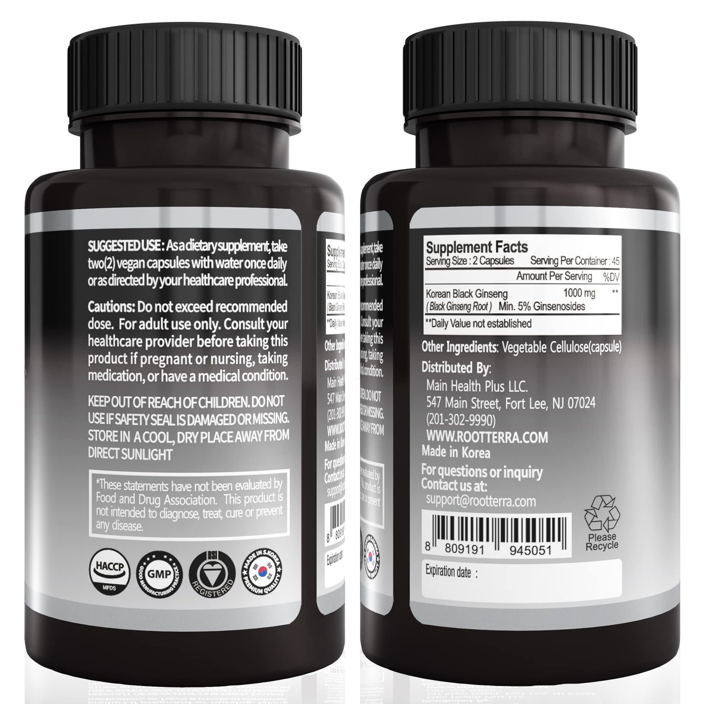 GeumHeuk Korean Black Ginseng 1000mg, Non-GMO, High Ginsenosides, High Absorption, 90 Vegan Capsules