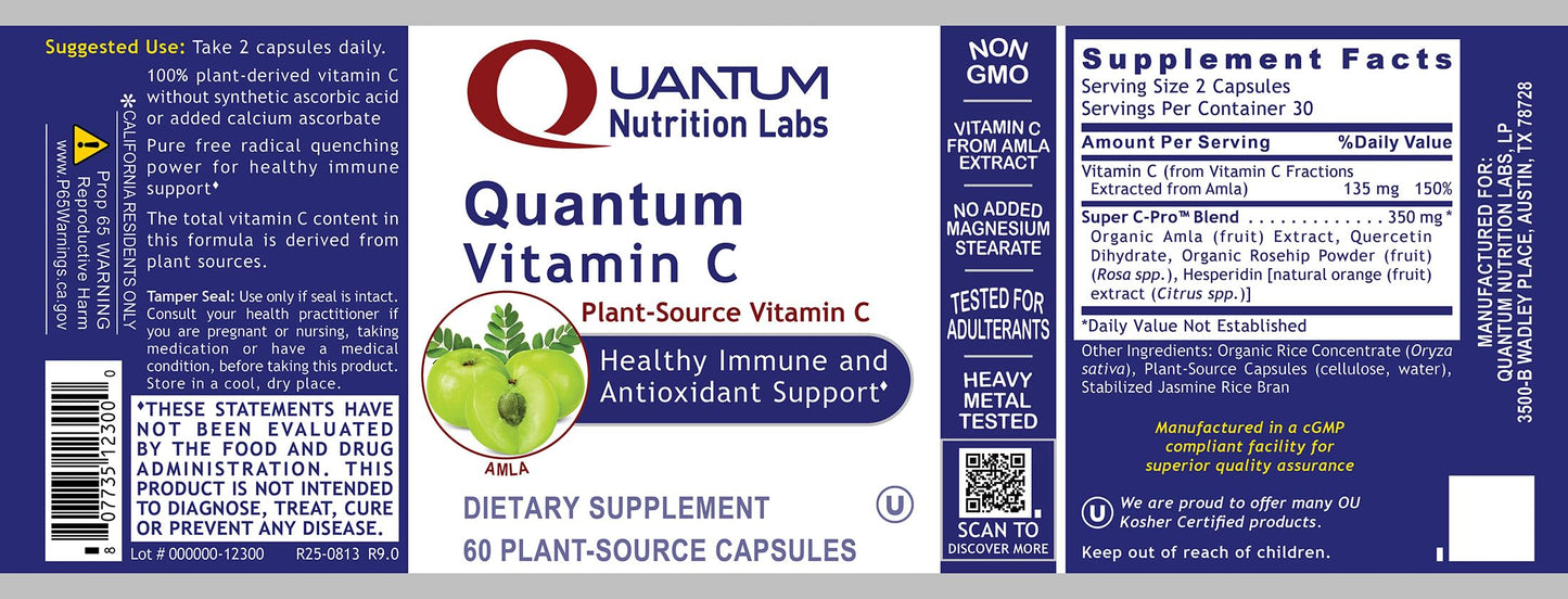 Quantum Nutrition Quantum Vitamin C Organic Natural Vitamin C Supplement for Women and Men, Whole Food Vitamin C Source, Pure with Bioflavonoids and Amla, Aids Immune Support, 60 Vegan Capsules