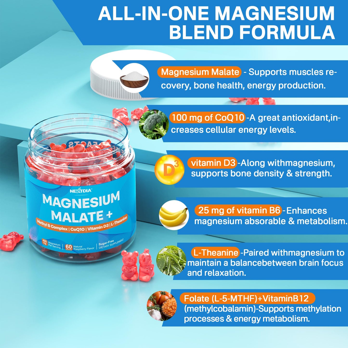 Nextdia Magnesium Malate Gummies 400mg Chewable, 120 Gummies