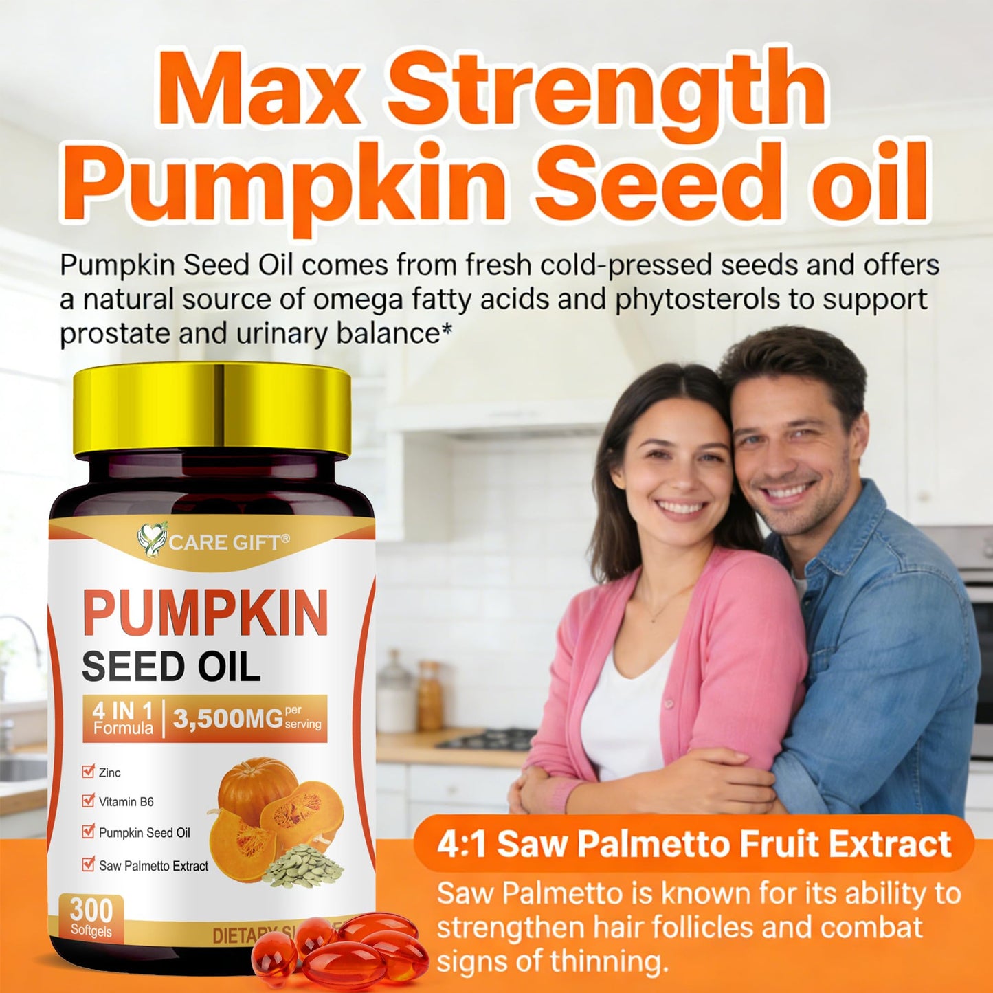 CARE GIFT Pumpkin Seed Oil with Saw Palmetto 3500mg 4-in-1 Advanced Formula Zinc Vitamin B6 Cold Pressed Essential Fatty Acids Phytosterols Supports Immune Hair Urinary Bladder Prostate Health Softgels 300