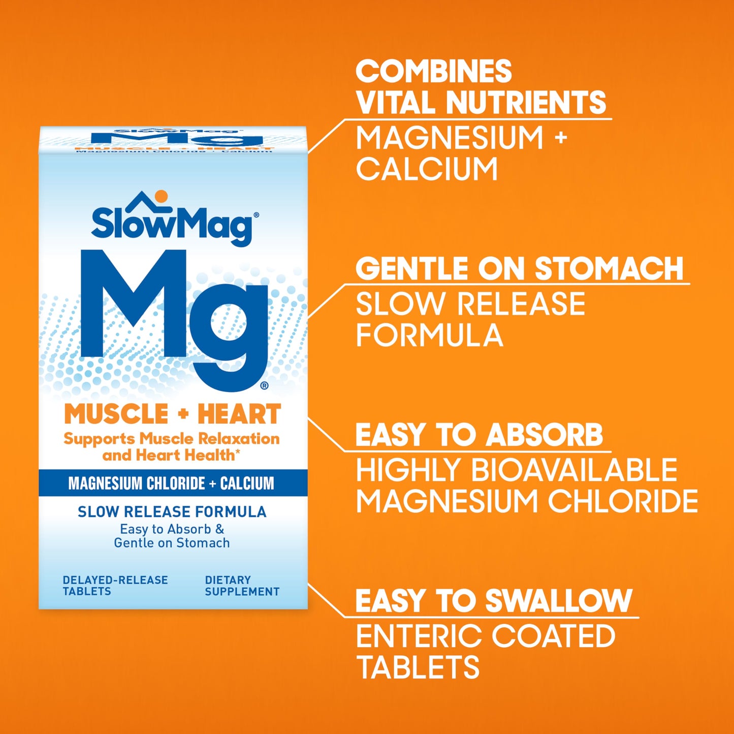 Slow-Mag Magnesium Chloride with Calcium Supplement Tablets for Muscle Relaxation and Heart Health, 60 Count