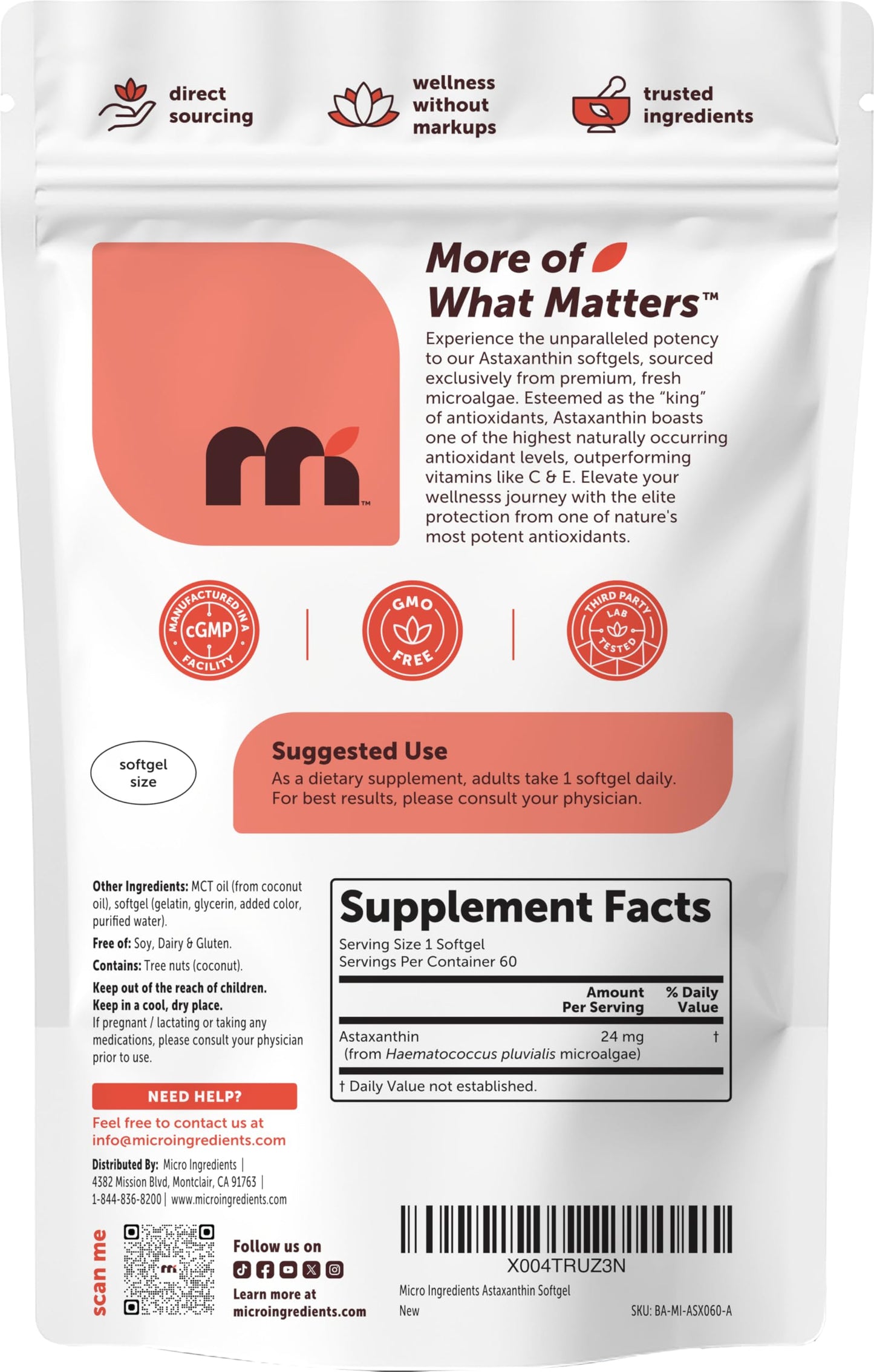Micro Ingredients Astaxanthin 24mg with MCT Oil Softgels, 60 Count