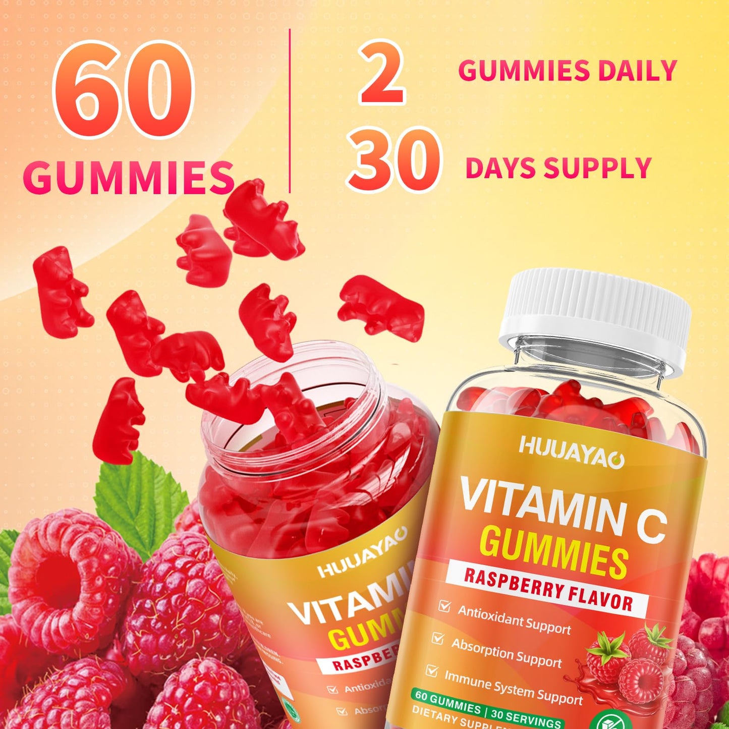 HUUAYAO Vitamin C Gummies, 60 Count