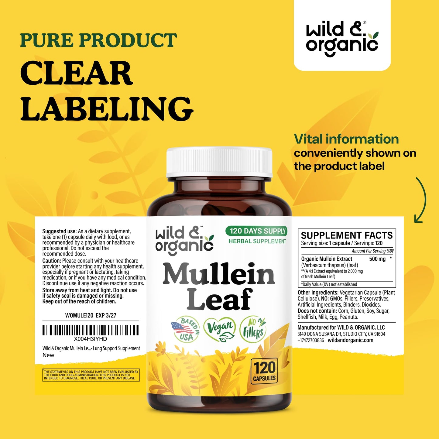Wild & Organic Mullein Capsules 120 Count
