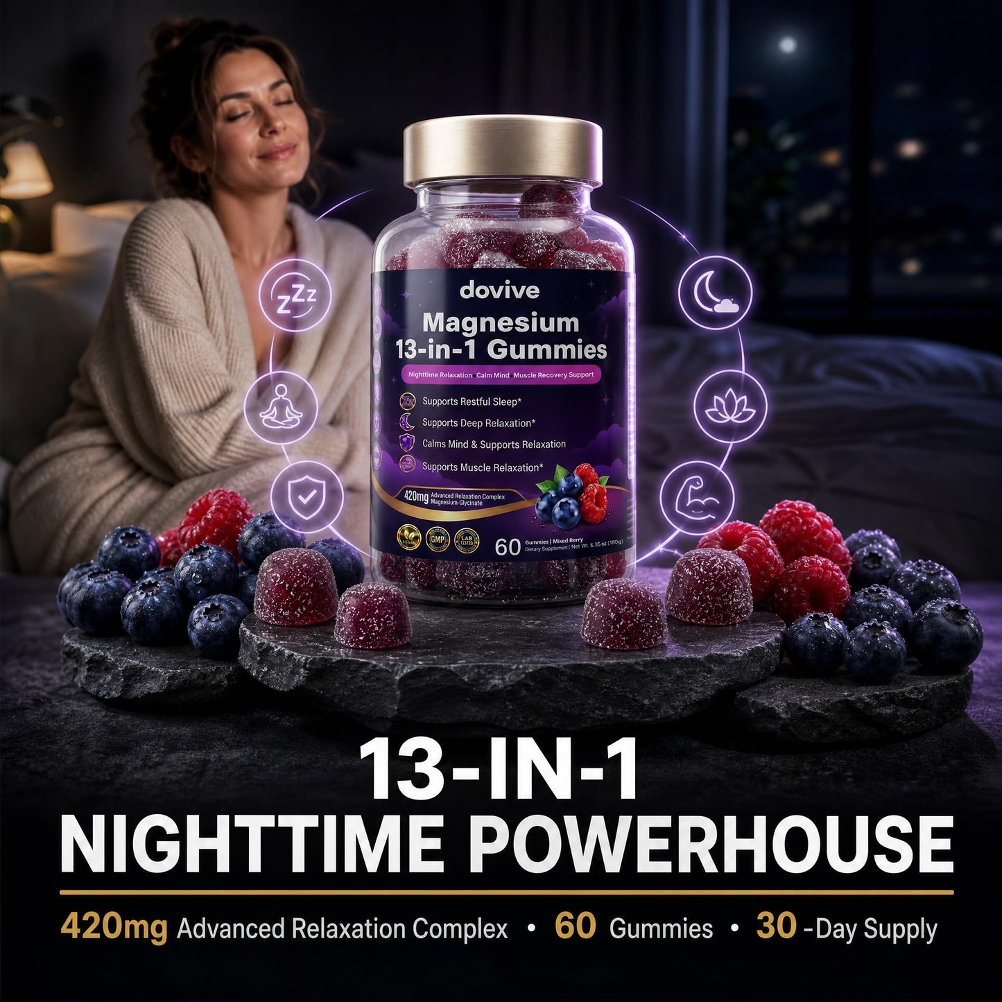 DOVIVE Magnesium Gummies for Relaxation with L-Theanine 200mg – Magnesium Citrate & Glycinate, Ashwagandha, Lemon Balm, Passionflower, Chamomile – Calm & Stress Support – Mixed Berry 60 Count