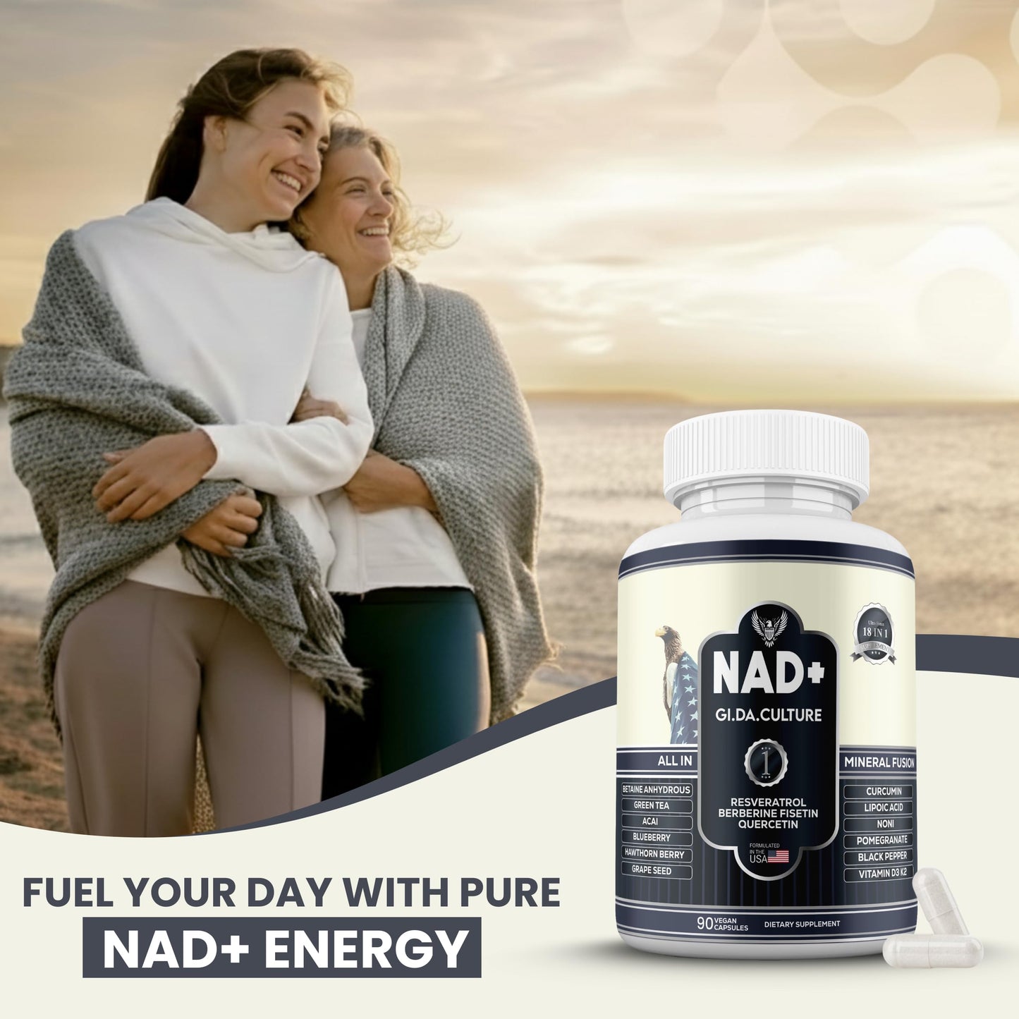 Gi.Da.Culture NAD+ Resveratrol Supplement for Energy, Cellular Health & Healthy Aging – High Potency NAD Plus Capsules, 60 Count