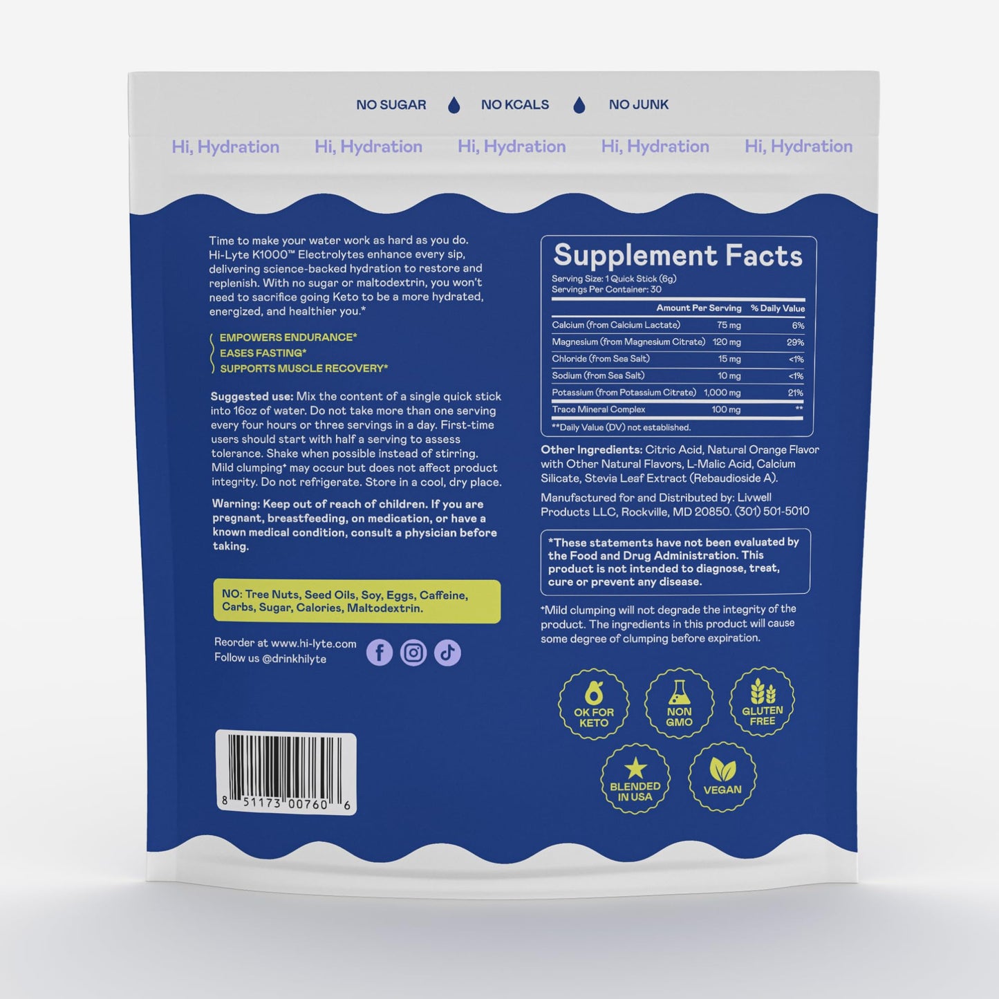 Hi-Lyte K1000 Electrolytes Powder Packets Orange 6.3 Ounce