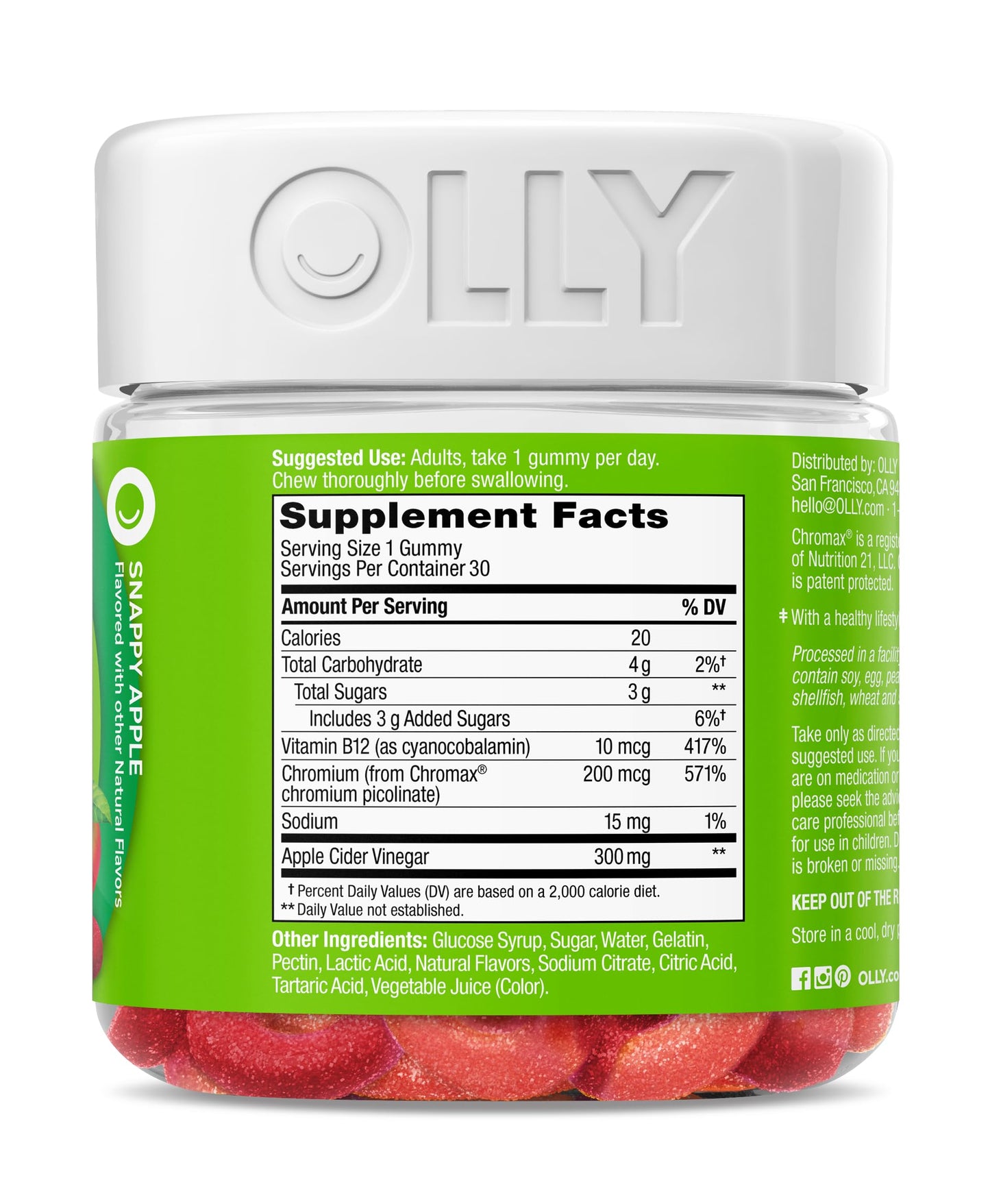 OLLY Metabolism Gummy Rings Apple Cider Vinegar Vitamin B12 Chromium Energy and Digestive Health Chewable Supplement Apple Flavor, 30 Count