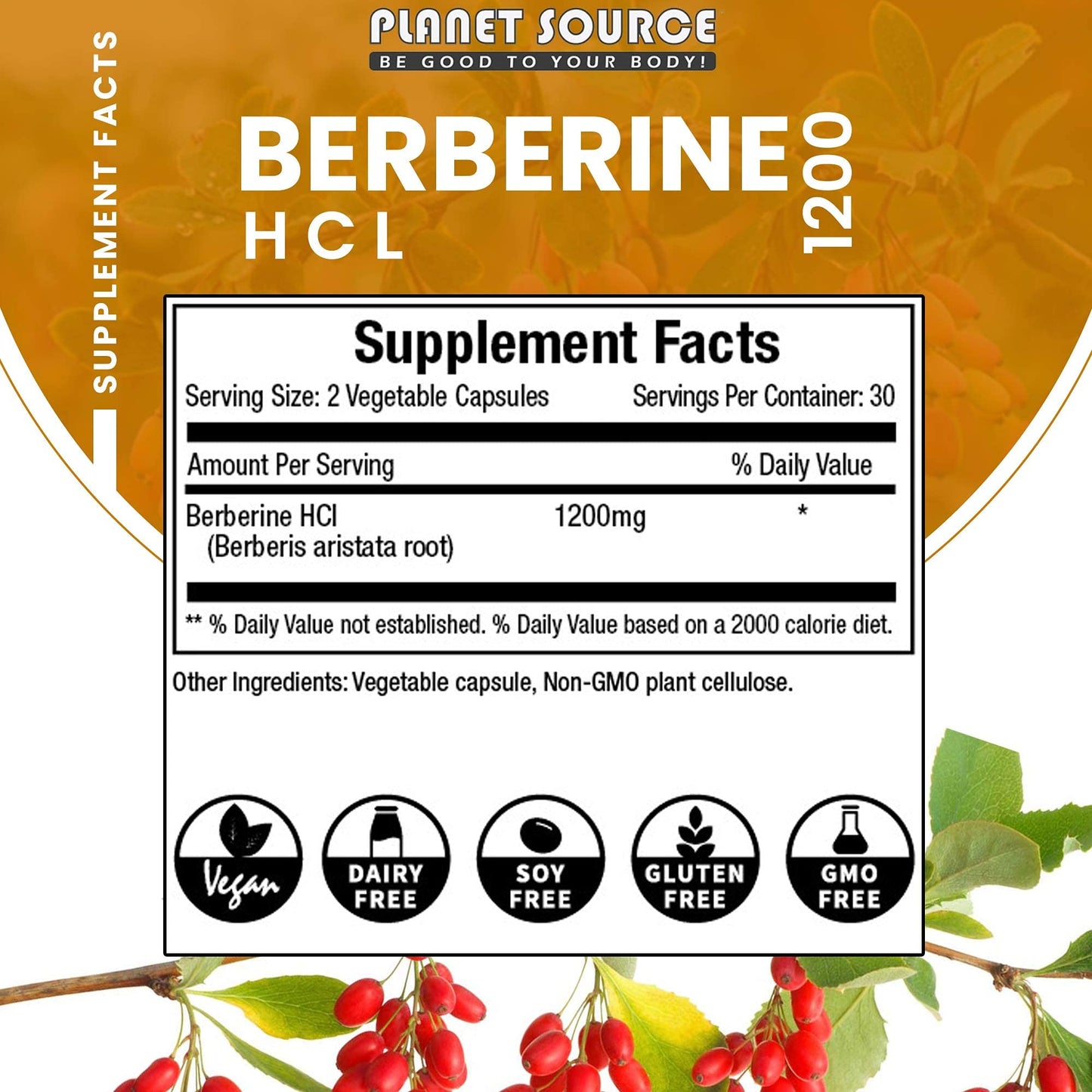 Planet Source Berberine HCl 1200 Mg per Serving Capsule 60 Count