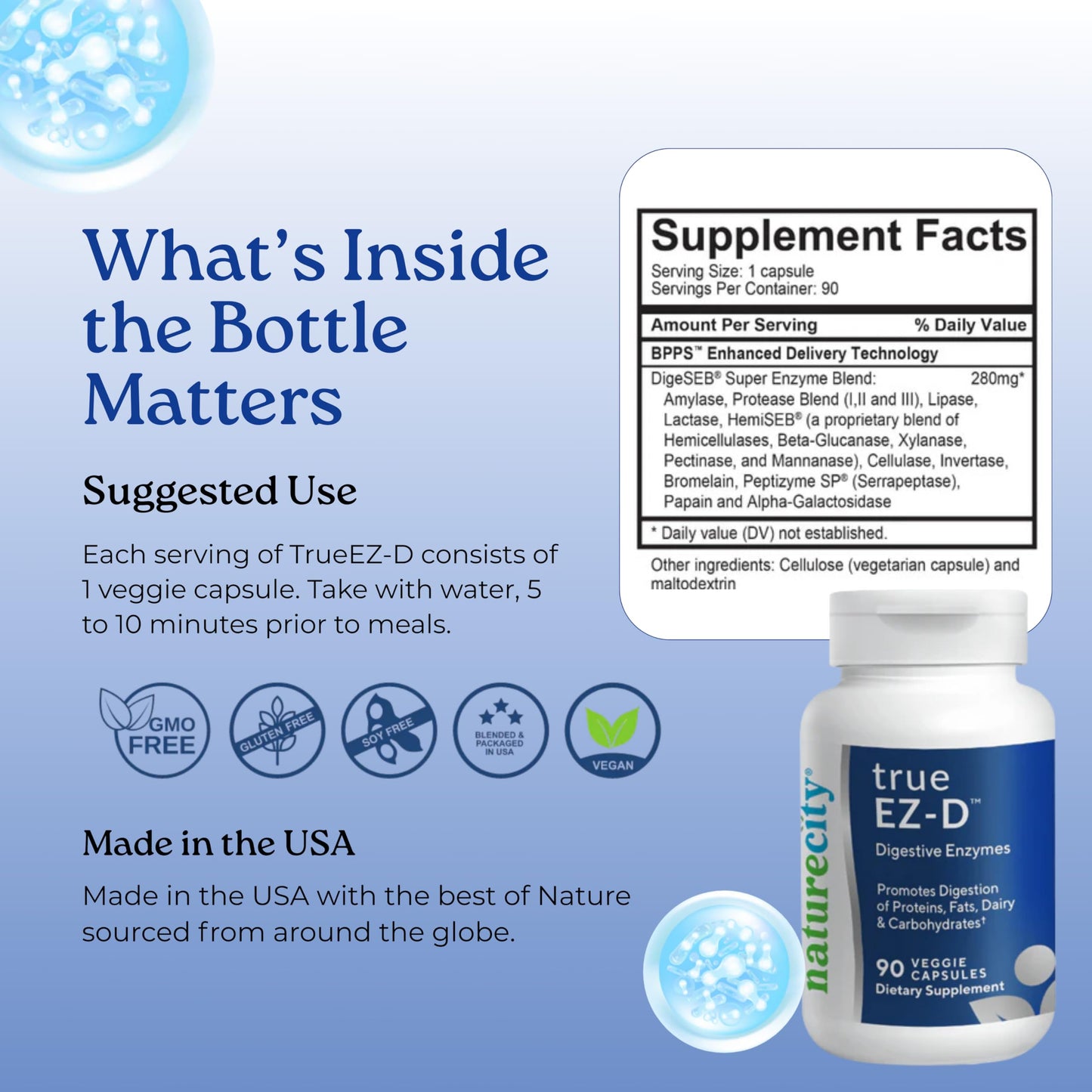 NatureCity True-EZ-D Non-GMO Digestive Enzyme Complex Supplement for Digestive Health and Bloating Relief for Men and Women, 90 Veggie Capsules