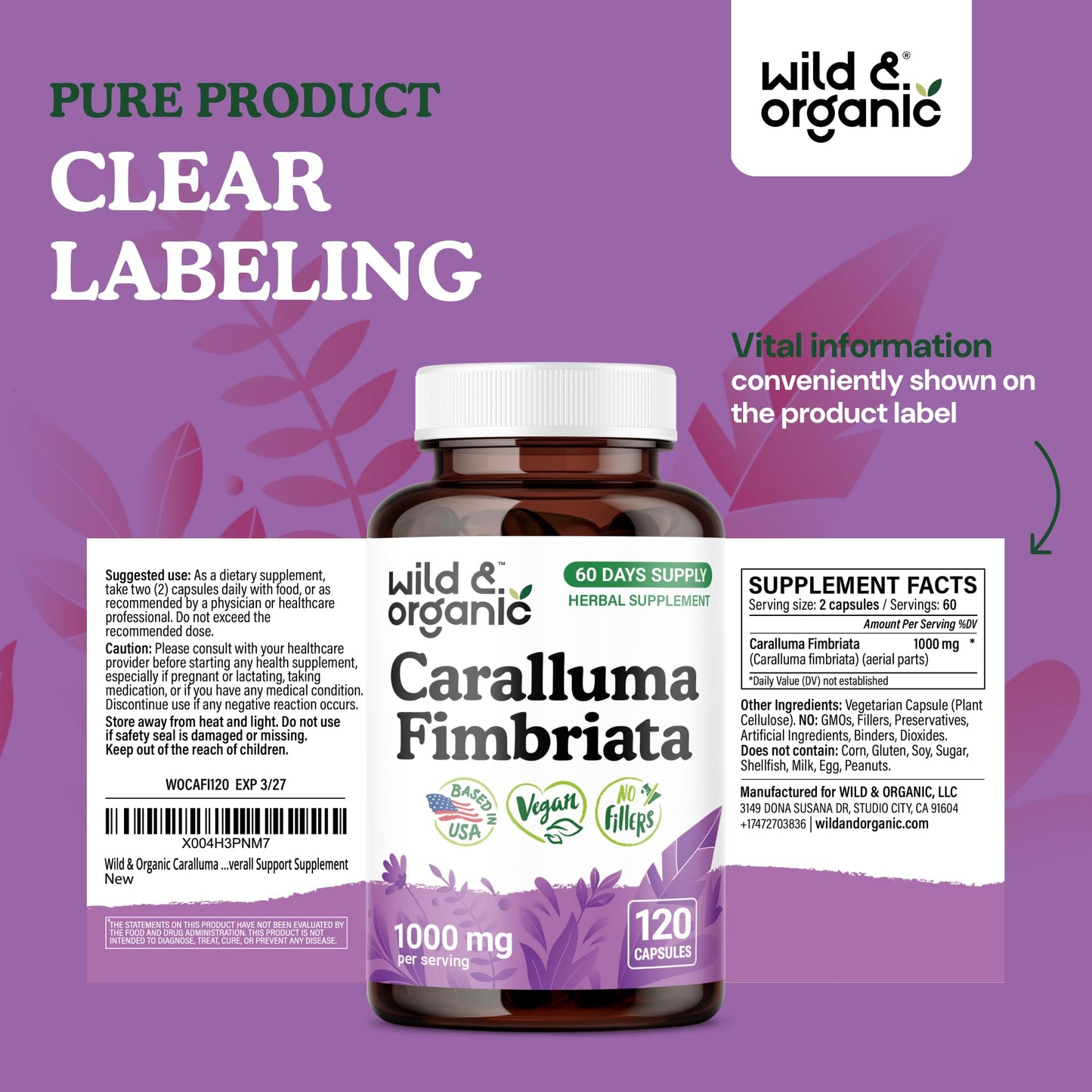 Wild & Organic Caralluma Capsules 1000 mg, 120 Count