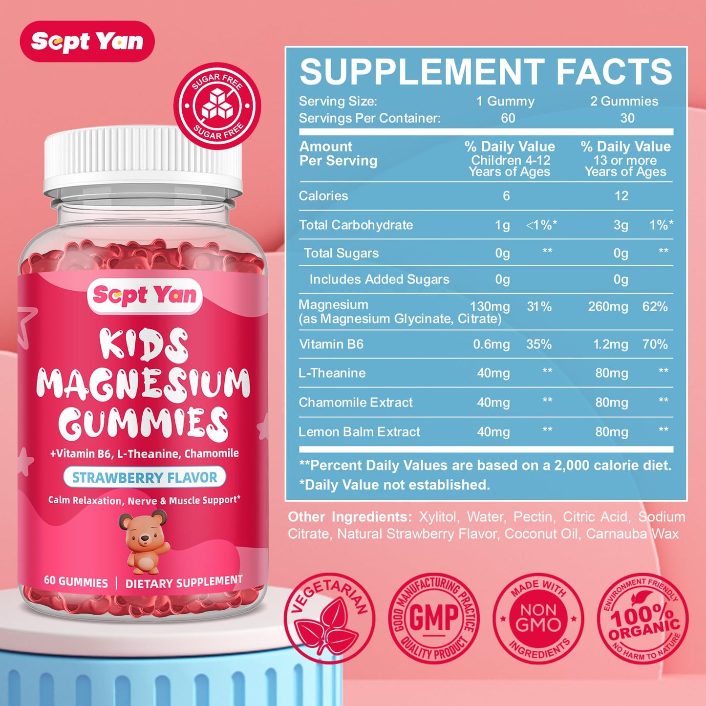 SEPT YAN Magnesium Gummies for Kids Gummy 60 Count