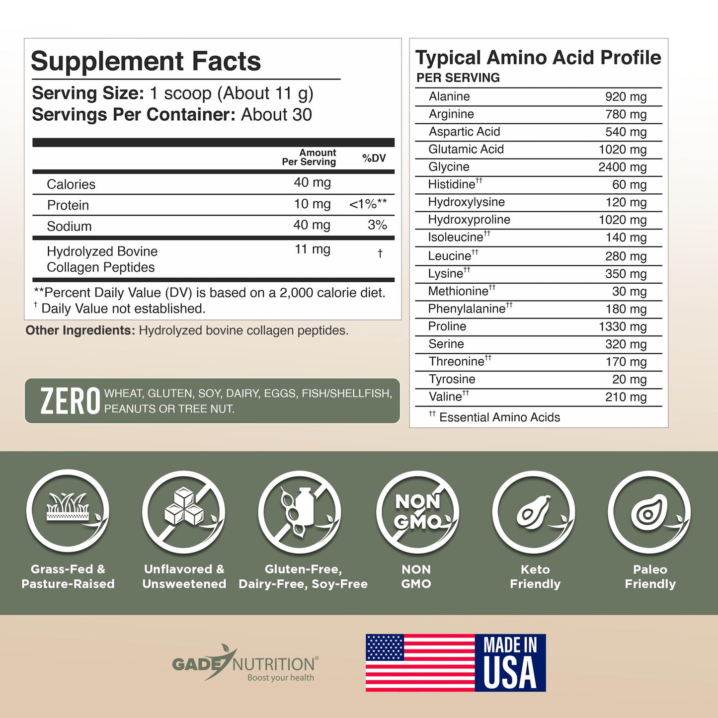 Gade Nutrition Collagen Peptides Powder Hydrolyzed Type I & III Unflavored, 11.64 oz, 30 Servings