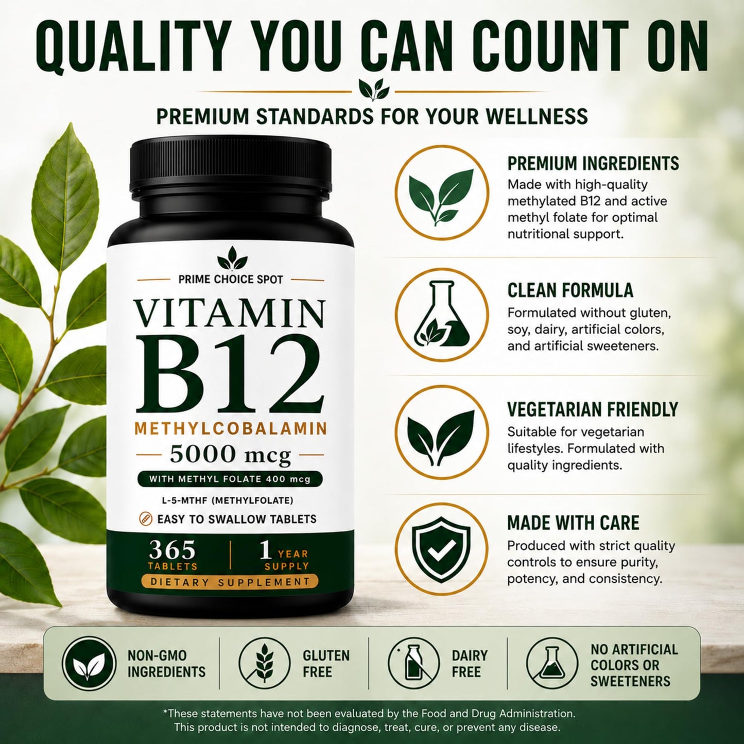 Prime Choice Spot LLC Vitamin B12 5000mcg with Methyl Folate, Methylcobalamin Tablets, 365 Tablets