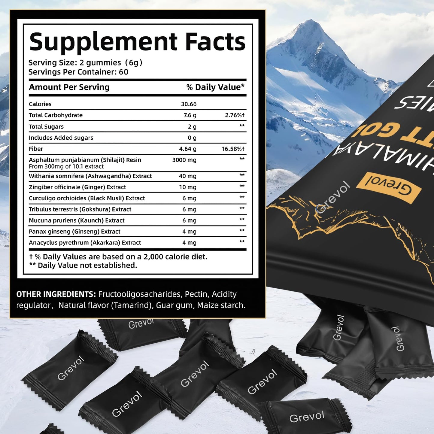 Grevol Himalayan Shilajit Gummies with Ashwagandha Fulvic Acid & 85+ Trace Minerals, No Added Sugar, Individually Wrapped, 120 Gummies