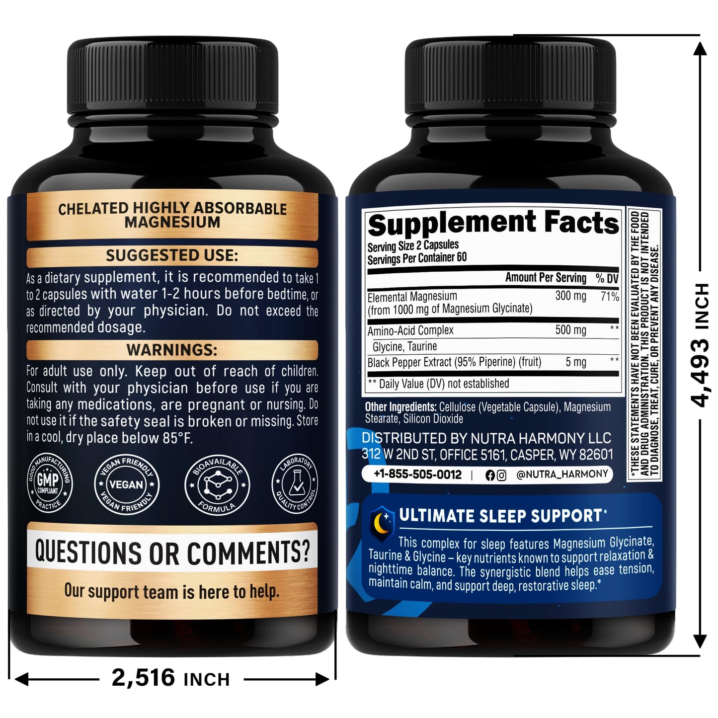 NUTRAHARMONY Cortisol Support & Magnesium Glycinate with Glycine Capsules, 180 Count