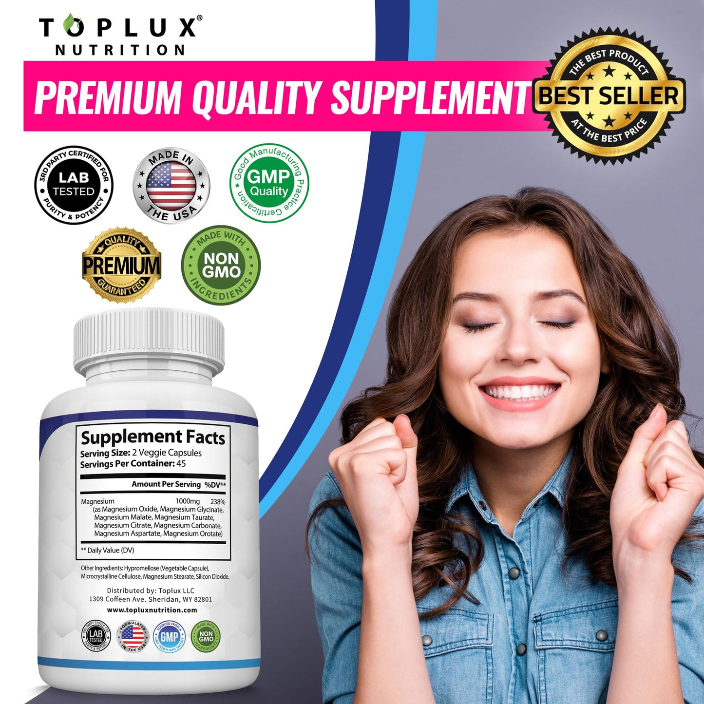 Toplux Magnesium Complex Supplement 8 Elemental 1000mg Capsule, 90 Capsules
