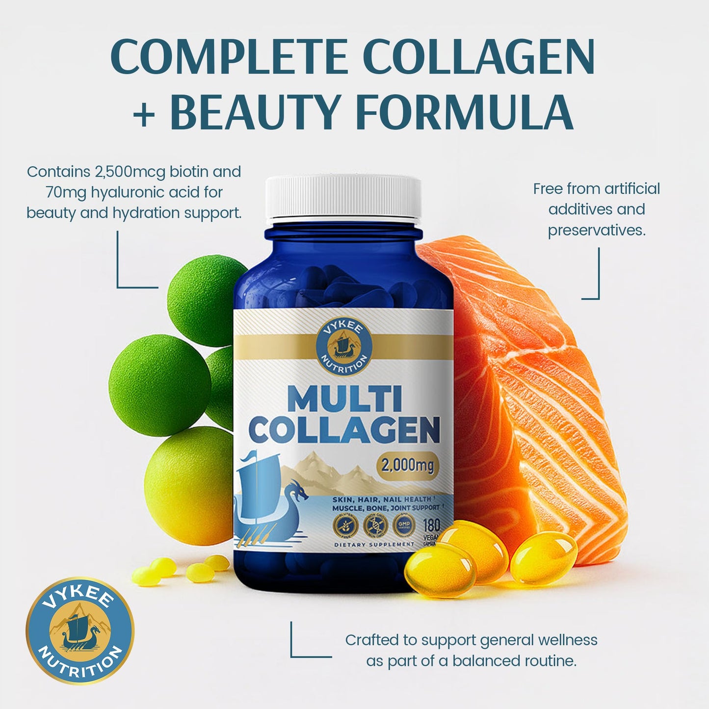 Vykee Nutrition Multi Collagen Capsules with Biotin + Hyaluronic Acid - Hair, Skin & Nail Support - Non-GMO, Gluten Free Dietary Supplement, 180 Capsules