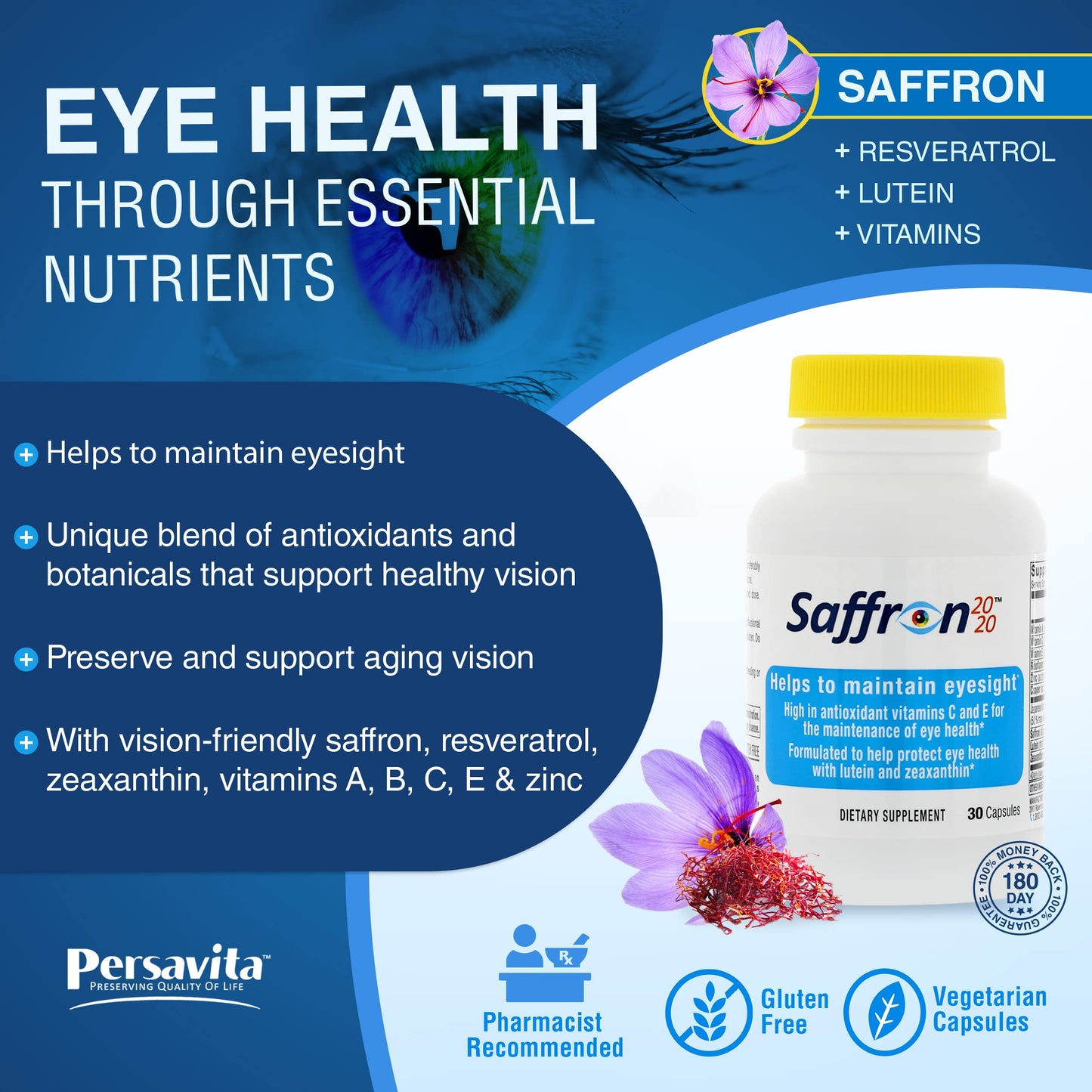 Persavita Saffron 2020 Supplement with Saffron, Resveratrol, Vitamins and Minerals, Zeaxanthin and Lutein Capsules 30 Count