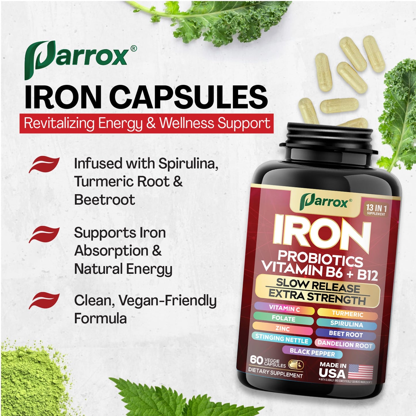 Parrox Iron Bisglycinate Supplement Capsules, 180 Capsules