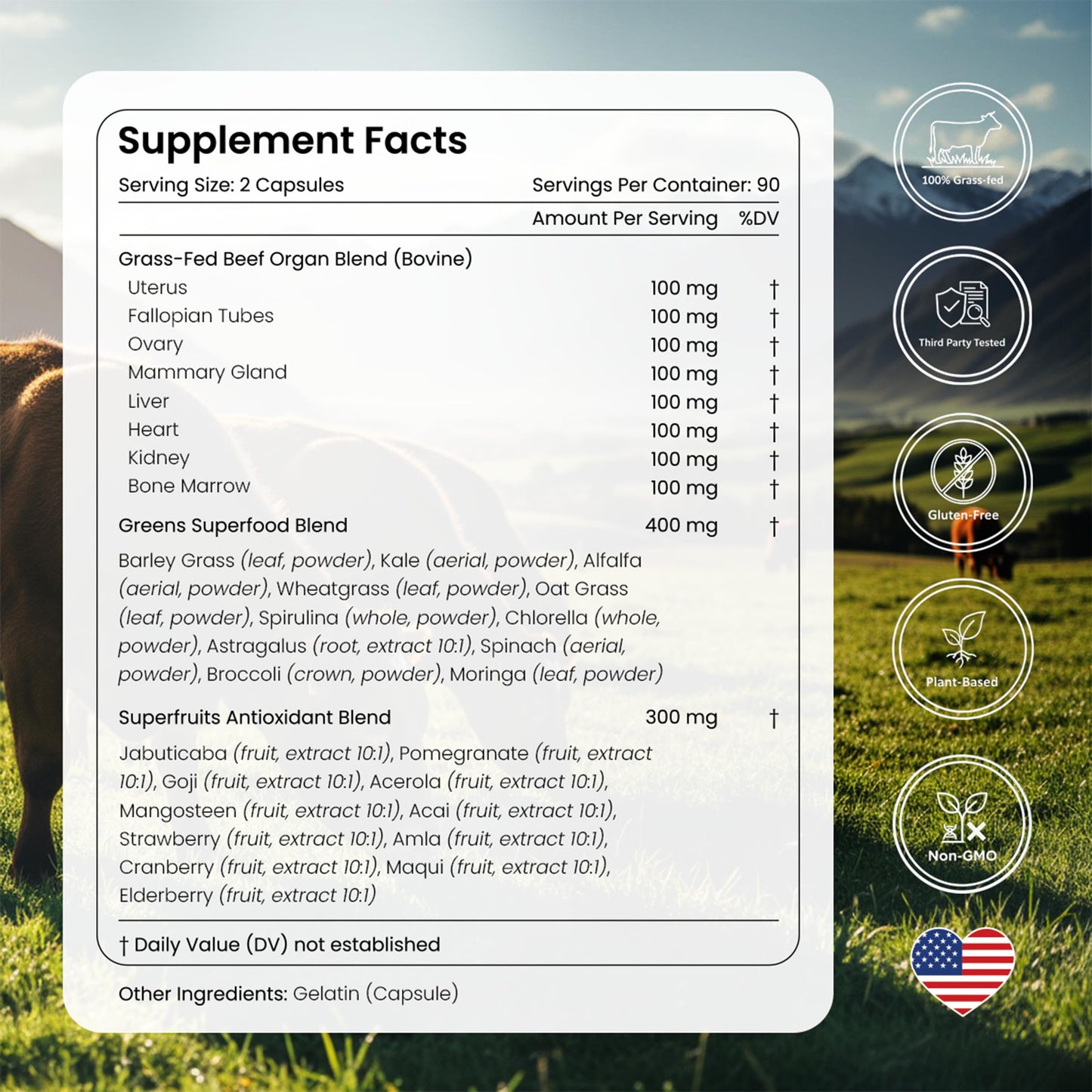 Bloomeo Grass Fed Beef Organ Supplement for Women with Supergreens Capsules 180 Count