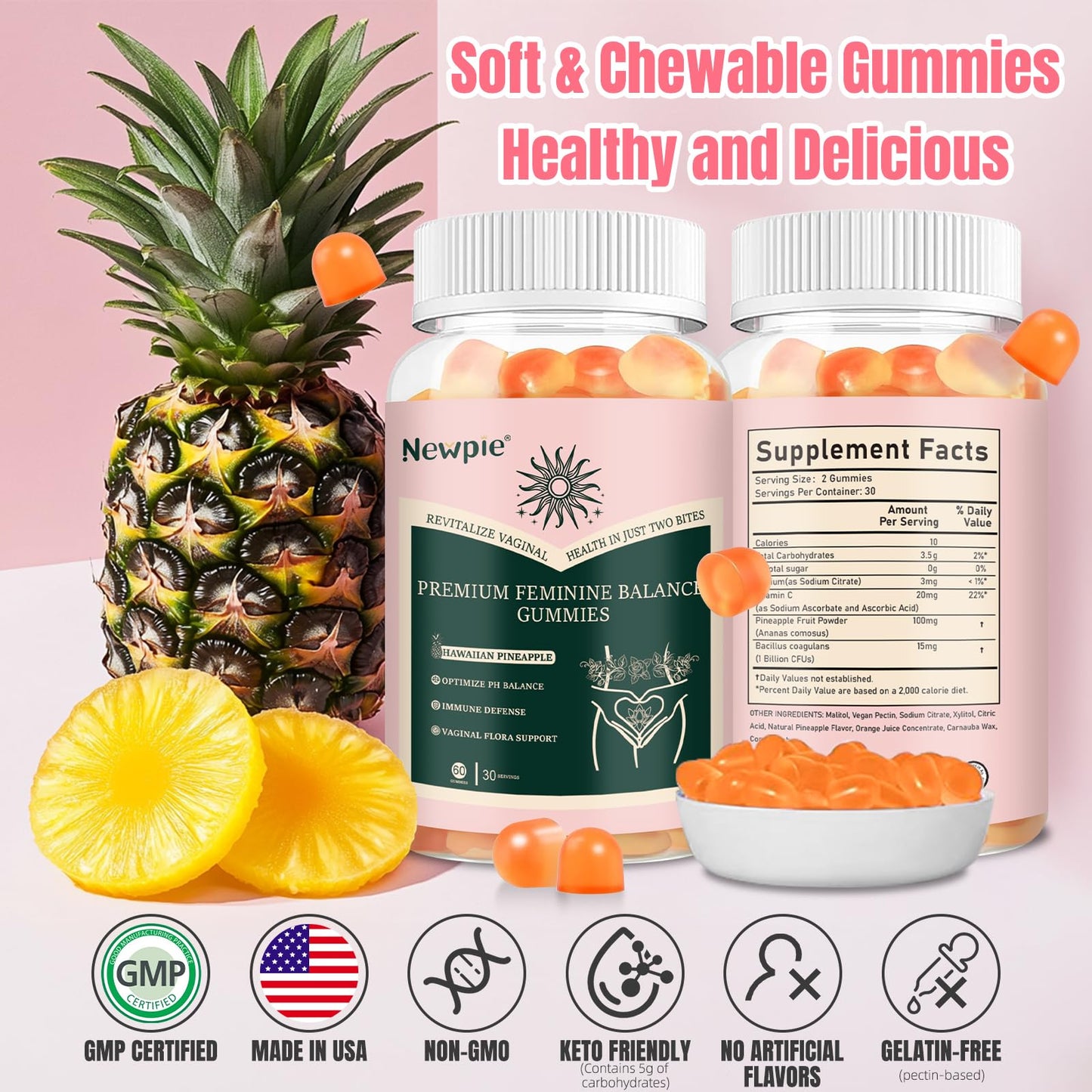 SUWENY Pineapple Gummies for Women Premium Feminine Balance, Immune Support, Vegan, Gluten-Free & Halal, 60 Gummies