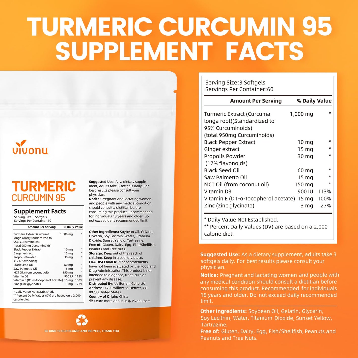 VivoNu Turmeric Curcumin Supplement with Black Pepper Softgel, 180 Count