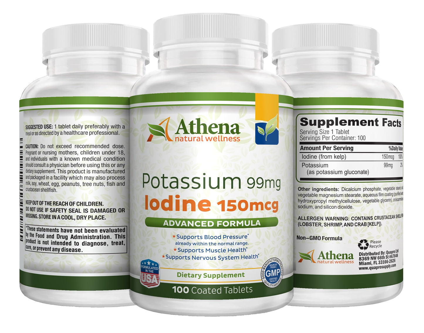 Athena Natural Wellness Potassium 99mg with Iodine 150mcg Coated Tablets 100 Count