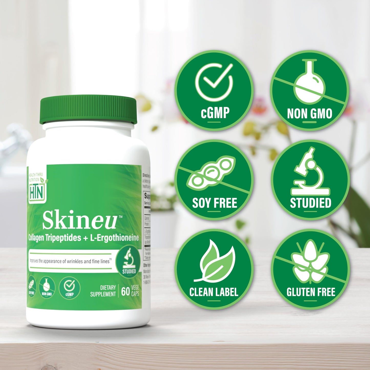 Health Thru Nutrition Skineu Collagen Tripeptide + L-Ergothioneine Morikol Marine Collagen Capsules, 60 Count