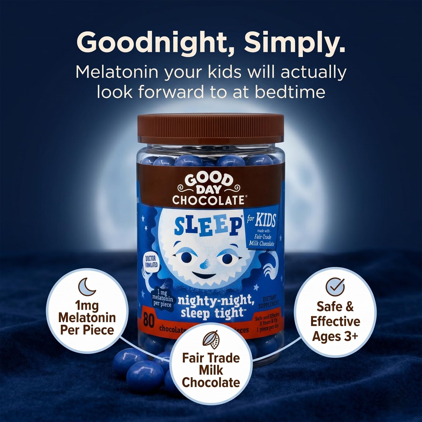Good Day Chocolate Melatonin for Kids Chewable 80 Count