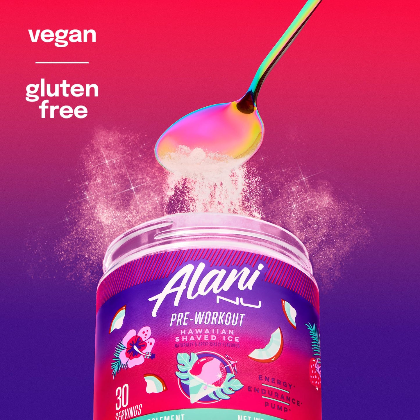 Alani Nu Pre Workout Powder Hawaiian Shaved ICE, Amino Energy Boost, Endurance Supplement, Sugar Free, 200mg Caffeine, L-Theanine, Beta-Alanine, L-Citrulline, 30 Servings