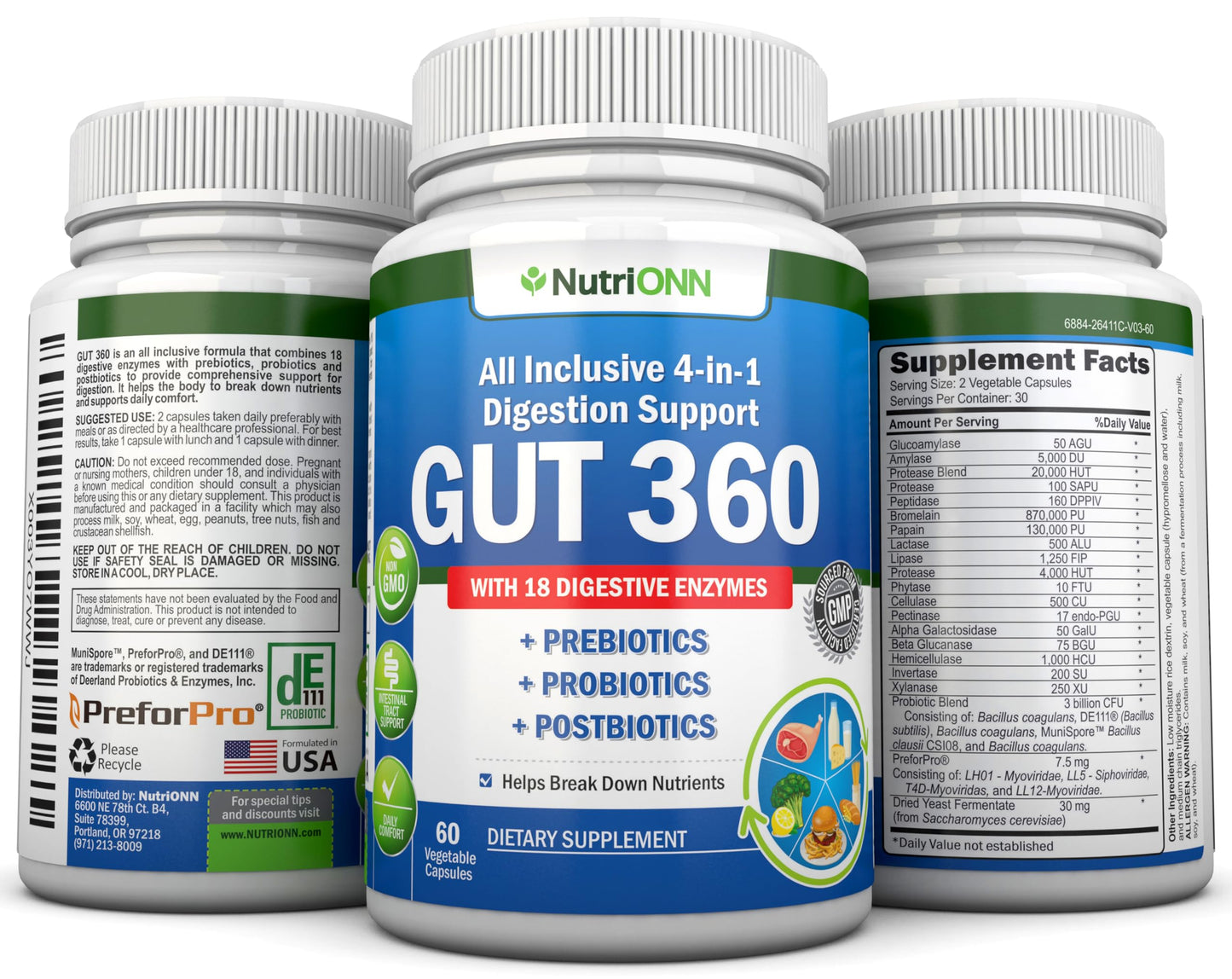 NutriONN 4-in-1 Probiotics, Prebiotics & Postbiotics with 18 Digestive Enzymes for Women & Men Capsules, 60 Count