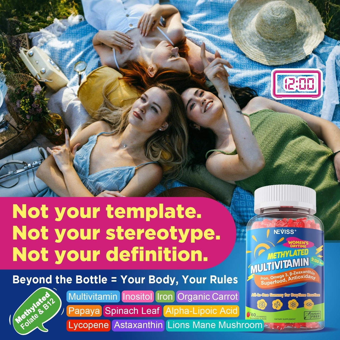 NEVISS Methylated Multivitamin Gummies for Women, Bariatric Multivitamin with Iron, Omega-3, B6, Folate, B12, Inositol, Daily Vitamin Gummy ALA Beet Root Astaxanthin, 60 Gummies