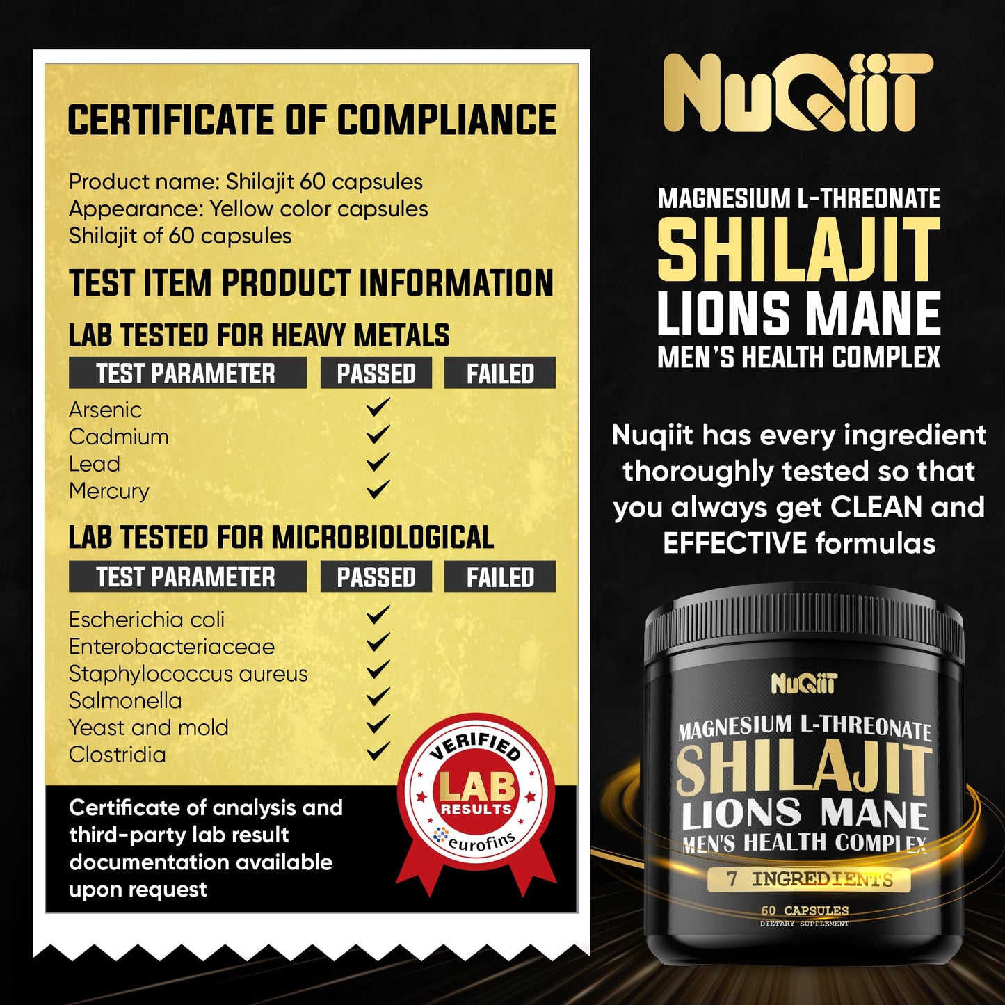 NUQIIT Shilajit Pure Himalayan Organic with Magnesium, Lions Mane, and Men Health Complex as Ashwagandha, Maca Root & More, 60 Capsules