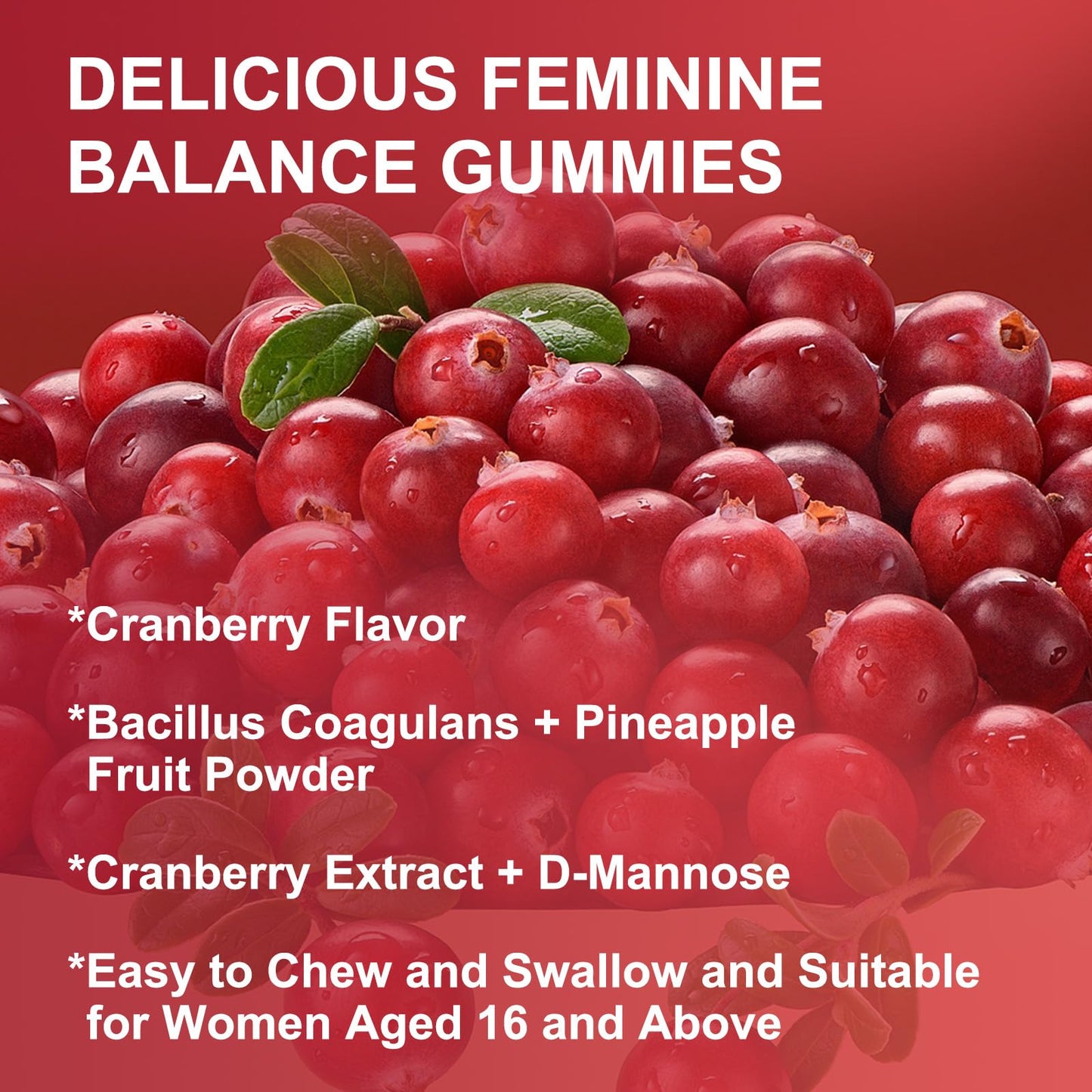WOGORGT Feminine Balance Probiotic Gummies for Women, Vaginal Health & pH Balance Support, Cranberry Extract & D-Mannose, Sugar Free, Vegan, 60 Gummies
