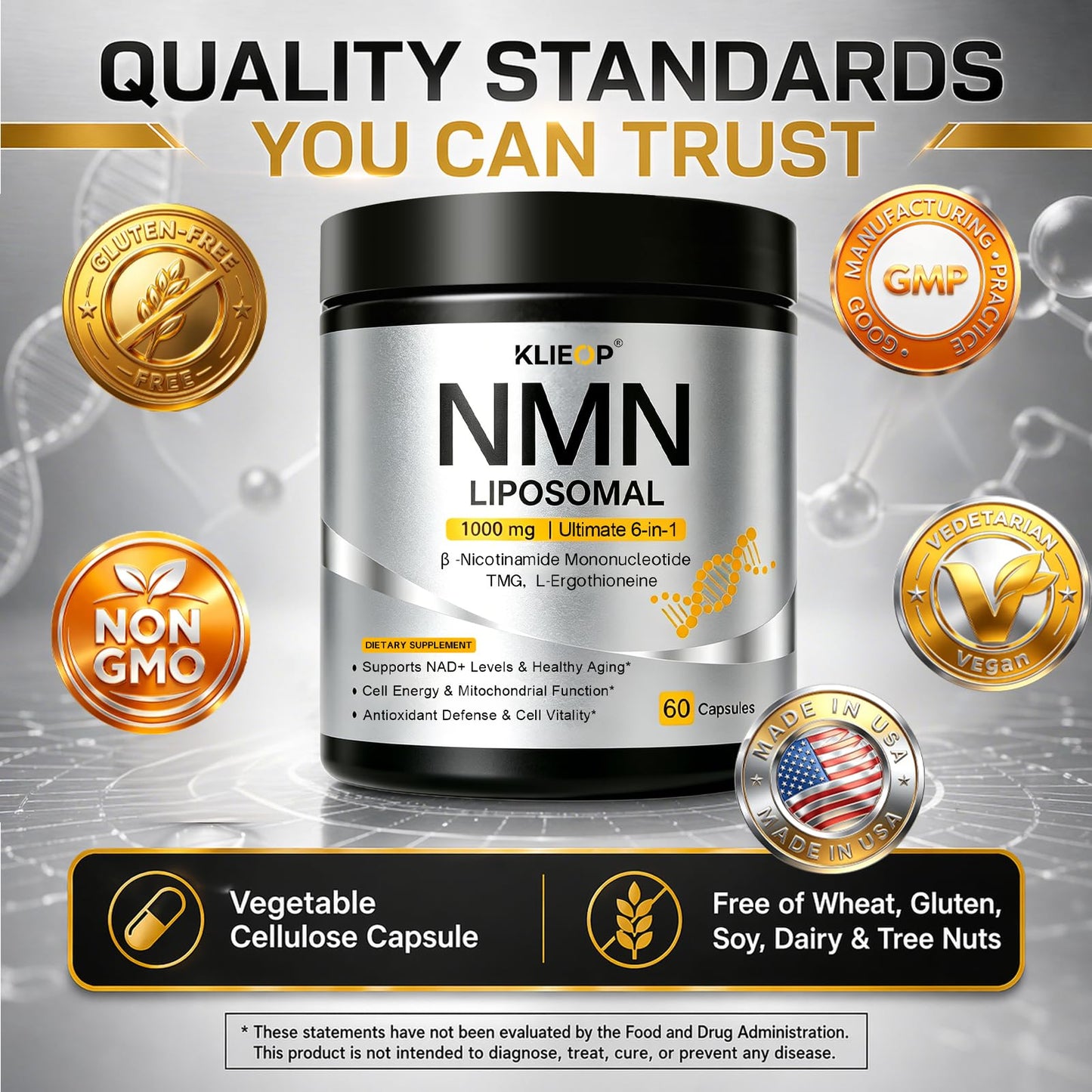klieop NMN Supplement 1000mg with CoQ10, Resveratrol & PQQ 60 Capsules
