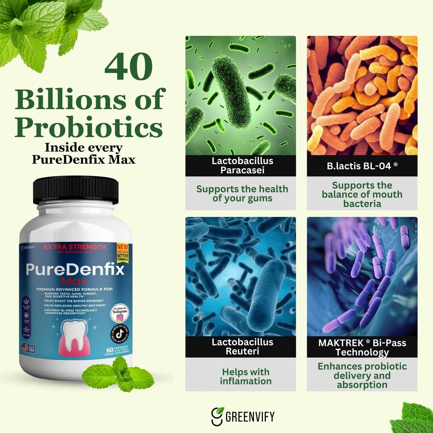 PureDenfix Max Extra Strength Probiotic Supplement with 40 Billion CFU, 300 Capsules