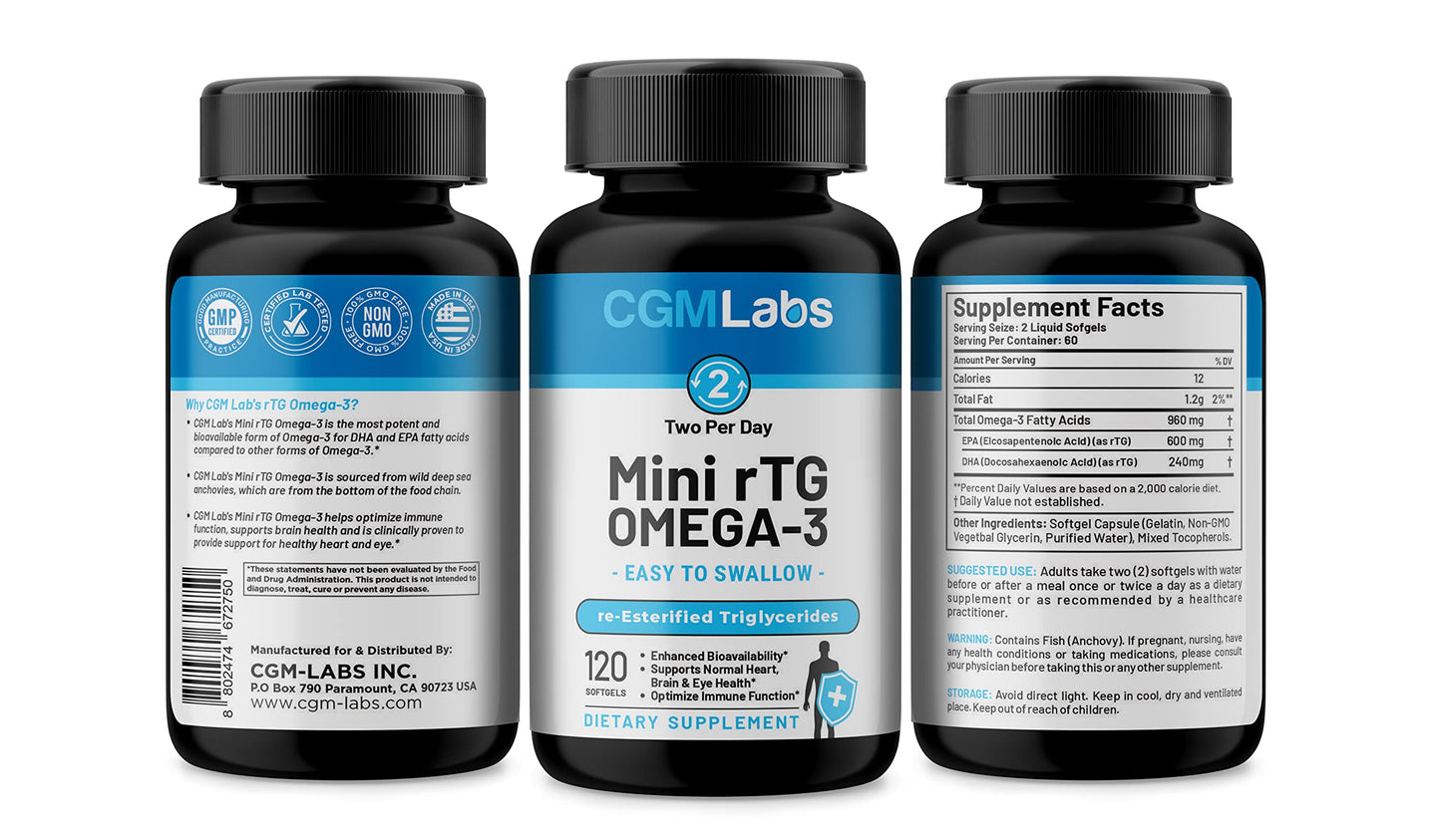 CGMLABS rTG Omega-3 Fish Oil Softgels, 120 Count