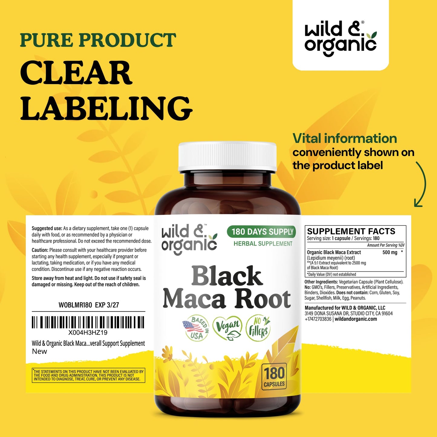 Wild & Organic Black Maca Root Capsules 500 mg, 180 Count